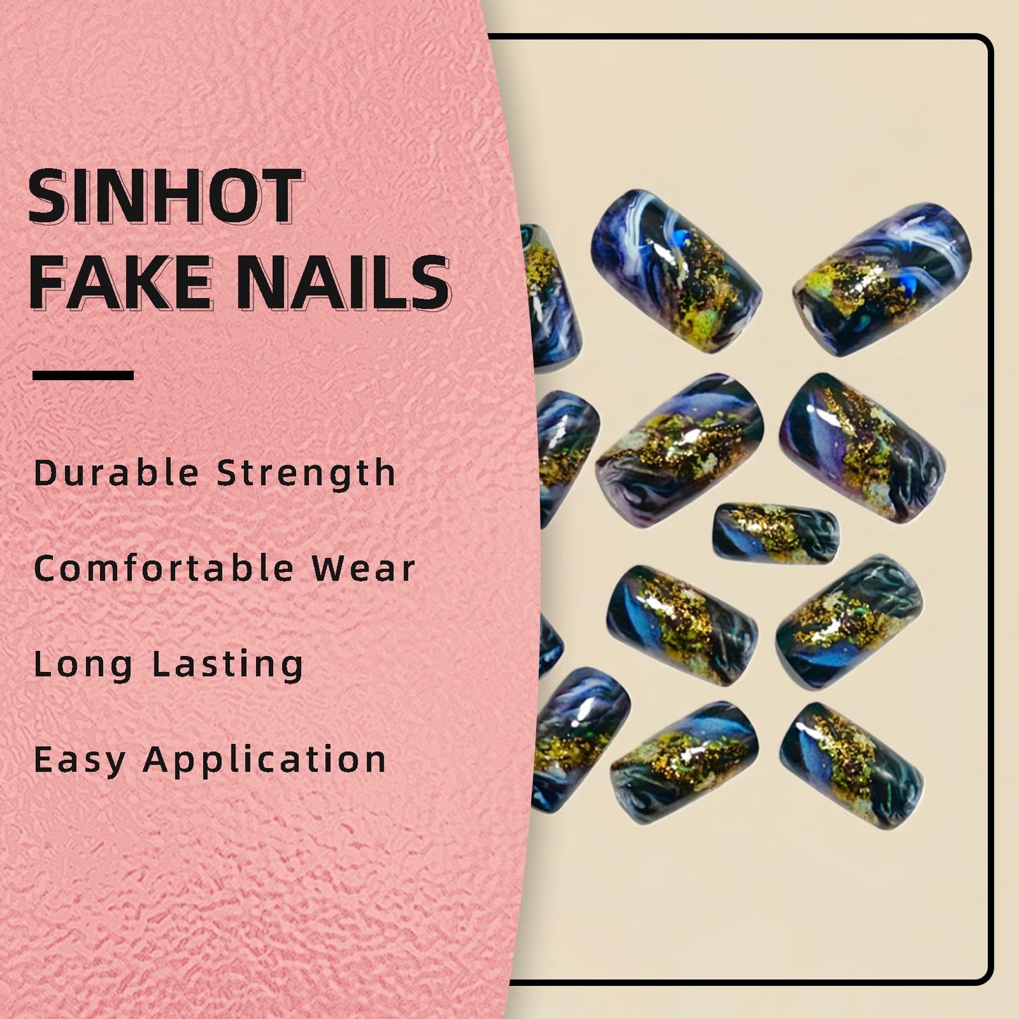 SINHOT Square Press on Nails - Short Fake Nails, Glossy Finish, Ink Style & Gold Leaf, DIY Artificial False Nail Art - 24 Pcs Nail Kit with Glue