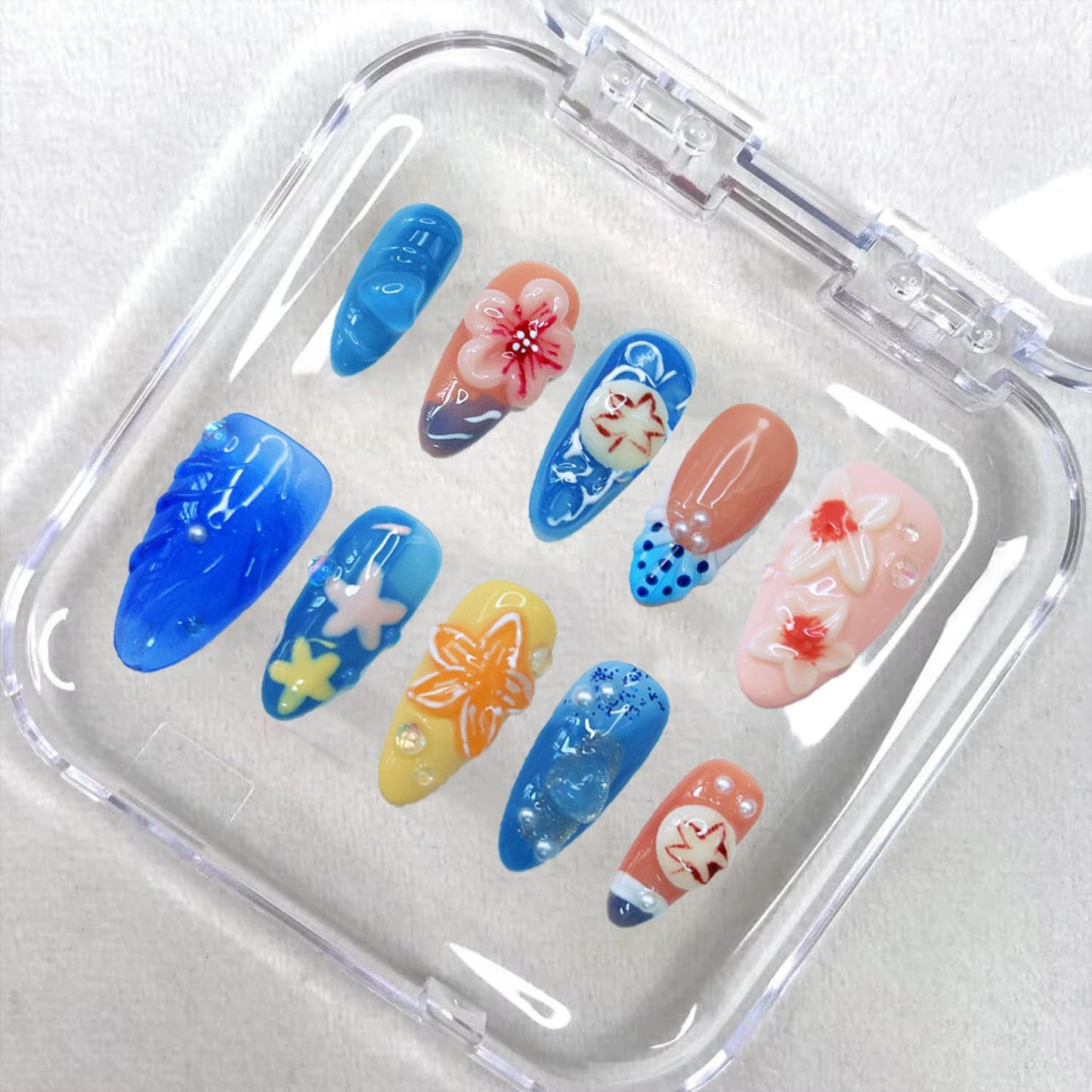 Handmade Press on Nails Medium Almond Fake Nails Summer Sea 3D Luxury Cute Flower Full Cover Stick on Nails Floral Glue on Nails for Women Girls (Blue Ocean M)