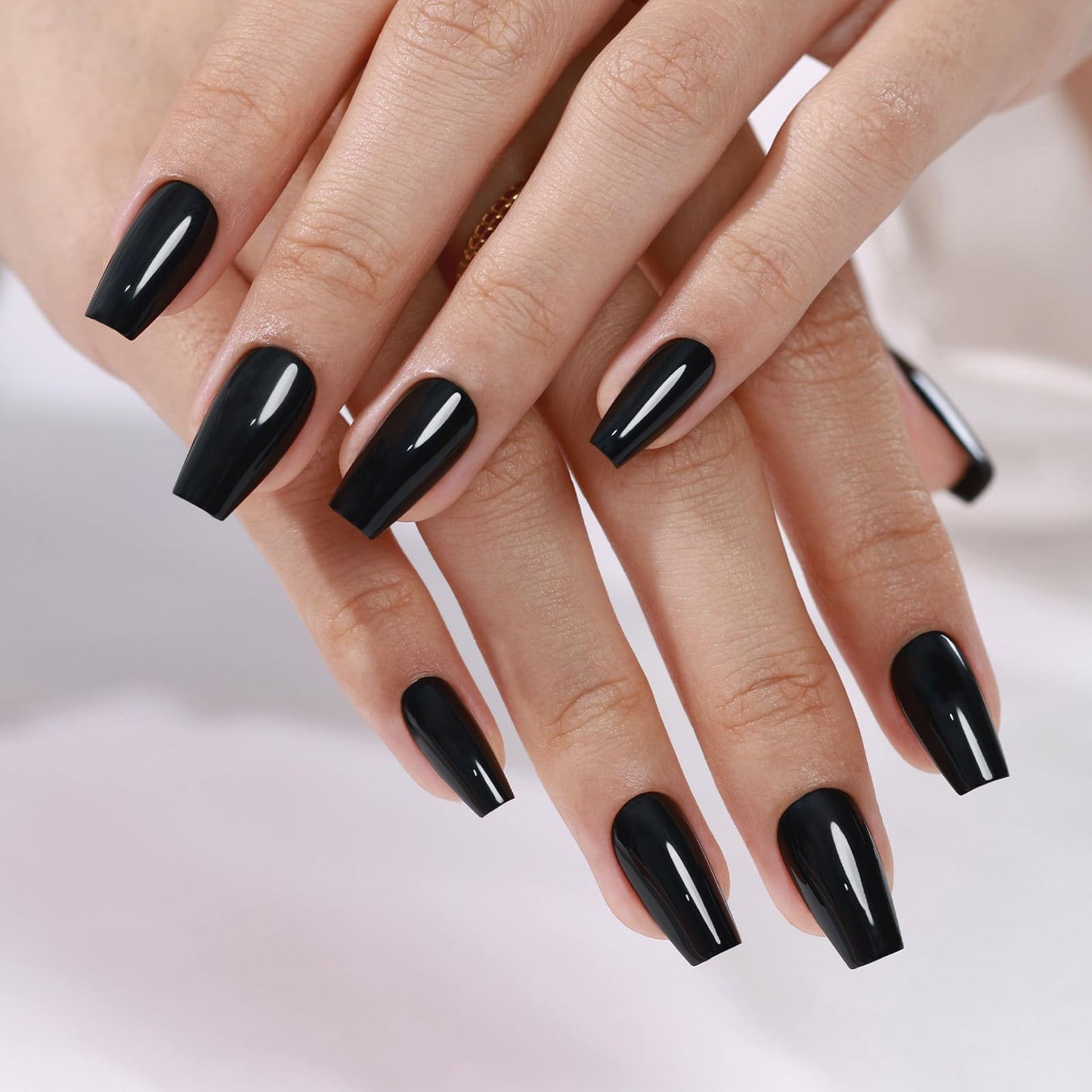 Black Coffin Halloween Press on Nails Medium - GJZEZ Soft Gel Ballerina Glossy Square False Nails, Natural Fit T-Shape Acrylic Glue on Nail for Women | 16 Sizes - 32 pcs Reusable Nails, Classic Black