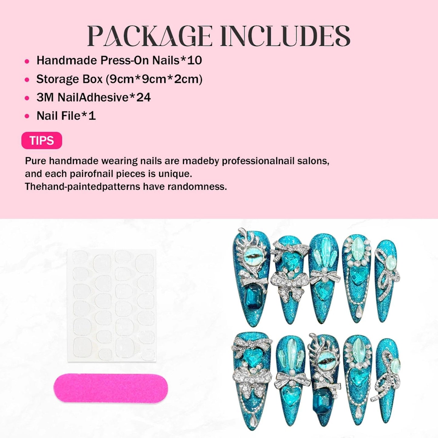 Handmade 3D Blue Green Gem Royal Stiletto Press On Nails, Luxury Rhinestone Artisan Nails Set, Reusable Glossy Press-ons with Tool Kit (M)