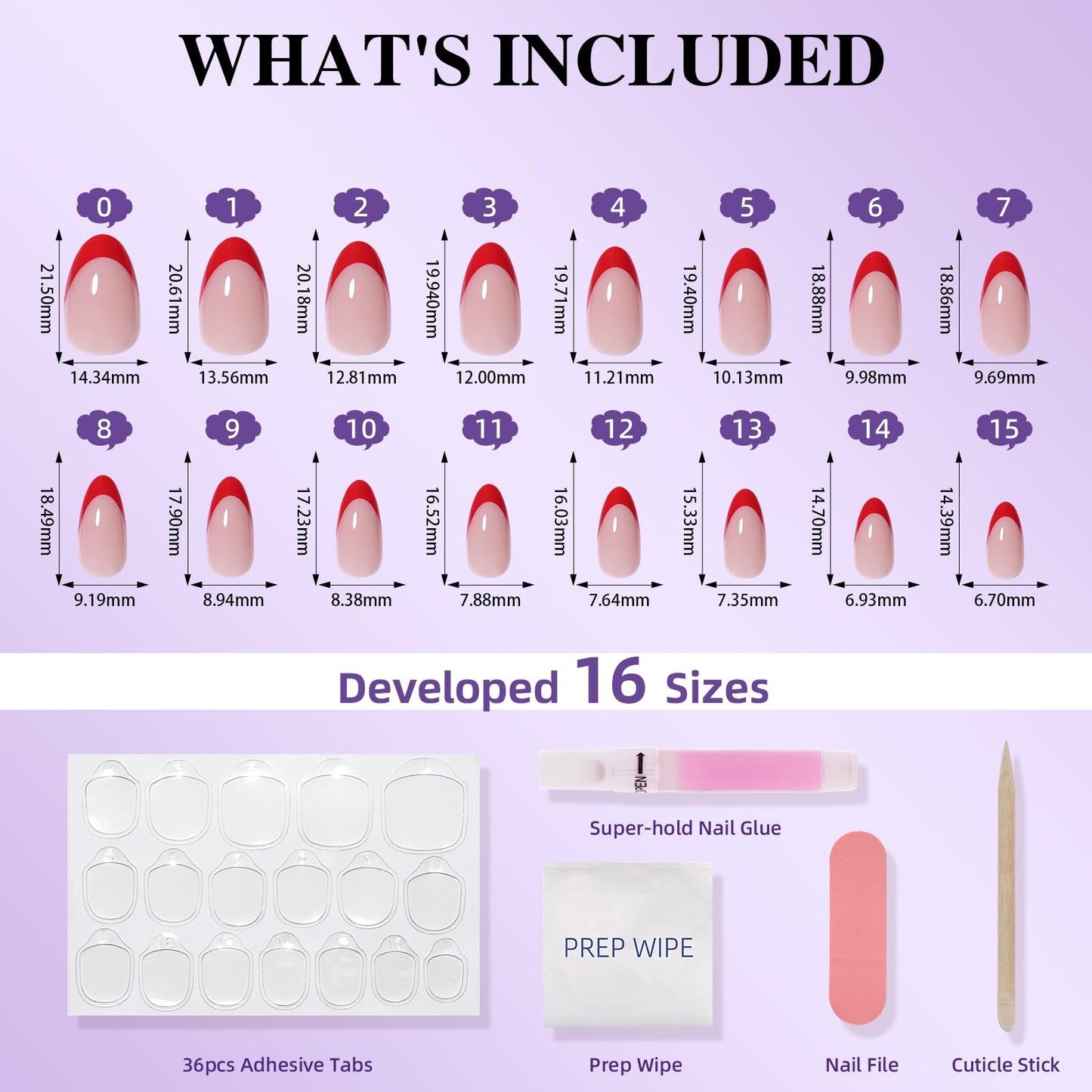 Red French Tip Press On Nails - Short Almond Fake Nails, Reusable Fake Nails with Glue, French Tip Design for Women 32 Pieces 16 Sizes