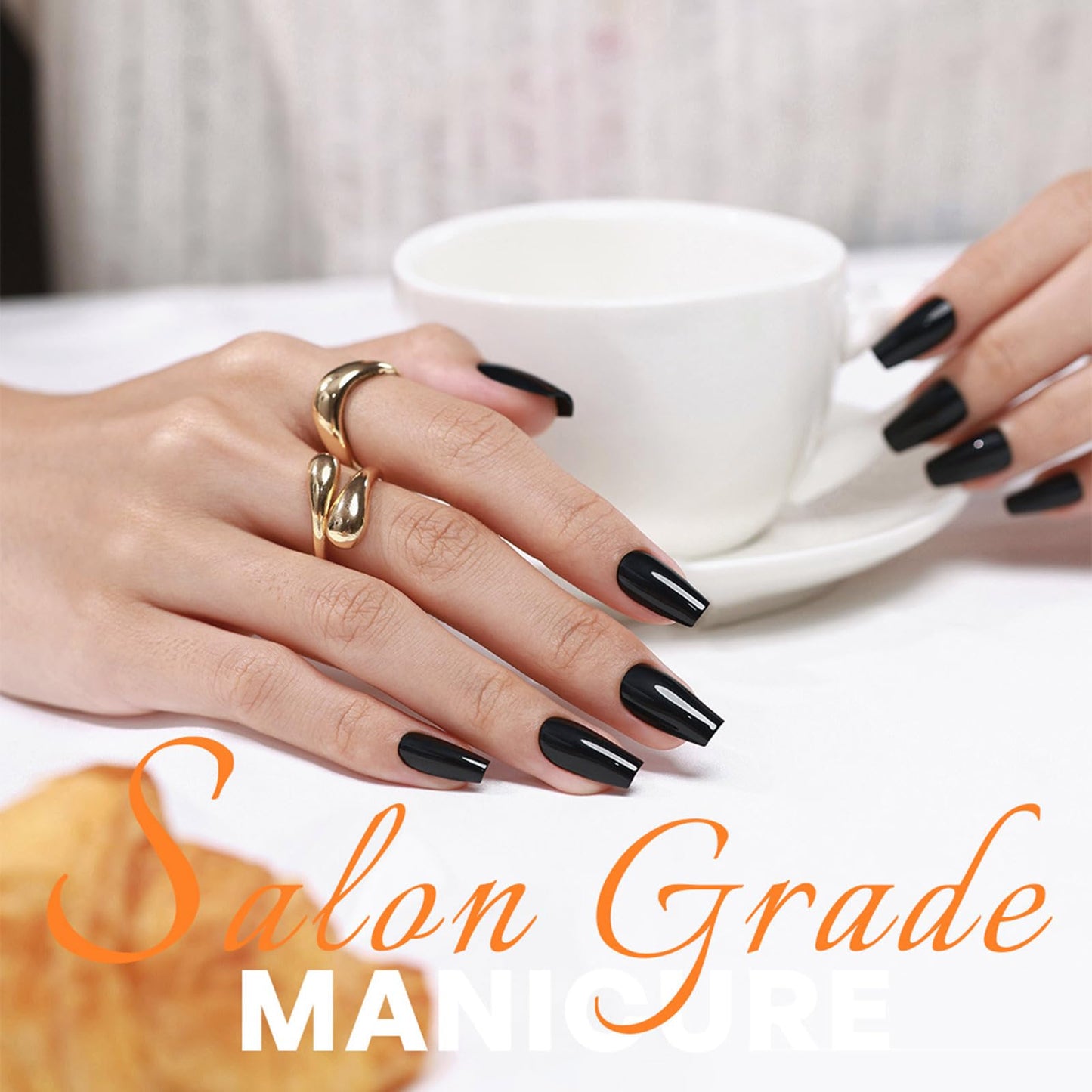 Black Coffin Halloween Press on Nails Medium - GJZEZ Soft Gel Ballerina Glossy Square False Nails, Natural Fit T-Shape Acrylic Glue on Nail for Women | 16 Sizes - 32 pcs Reusable Nails, Classic Black