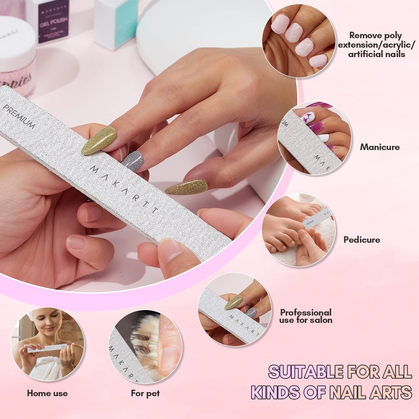 Makartt Nail File and Buffer, Pink Basic Nail Prep Kit with Cuticle Trimmer Bundle with Nail File 80 80 Grit Emery Boards for Nails 10pcs Nail Files for Acrylic Nails