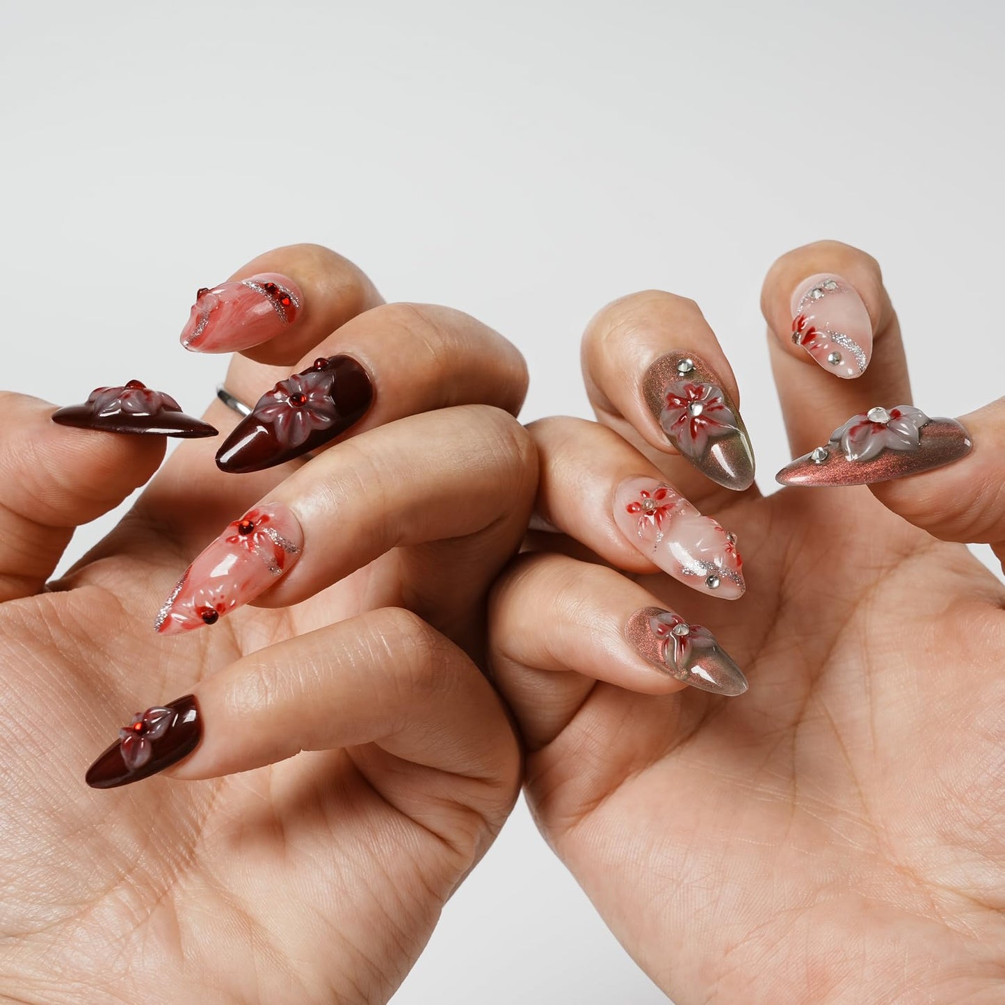 Tesytto Handmade Floral Press on Nails - Medium Almond 3D Embossed Rhinestones & Red Ombre, Thick Acrylic Gel Nails for Parties, Valentine's Day (Evil Flower,S)
