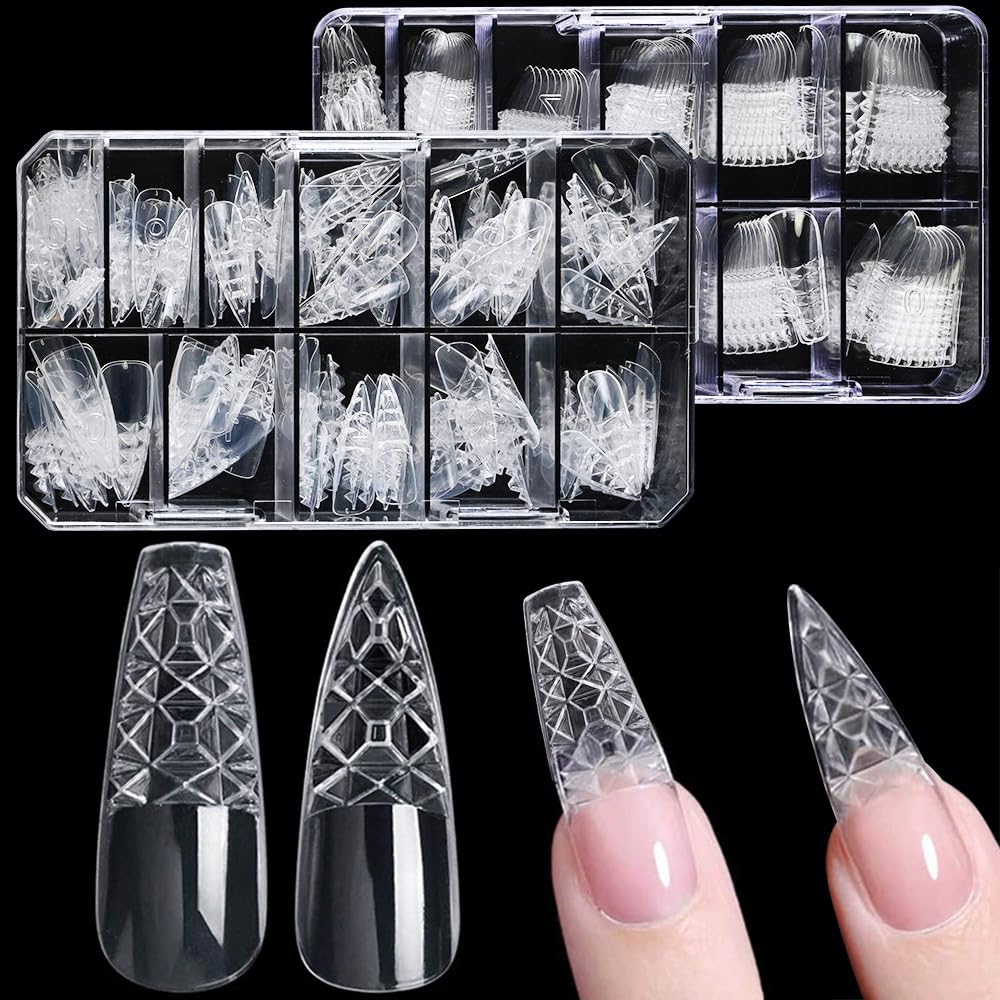 Chunmeng 120 Pcs Coffin Press on Nails, 12 Sizes Long French Tip Acrylic False Nails, Transparent Soft Gel Pre-shaped Full Cover Nail Tips, Reusable Fake Nail Stickers for Women DIY Manicure & Salon