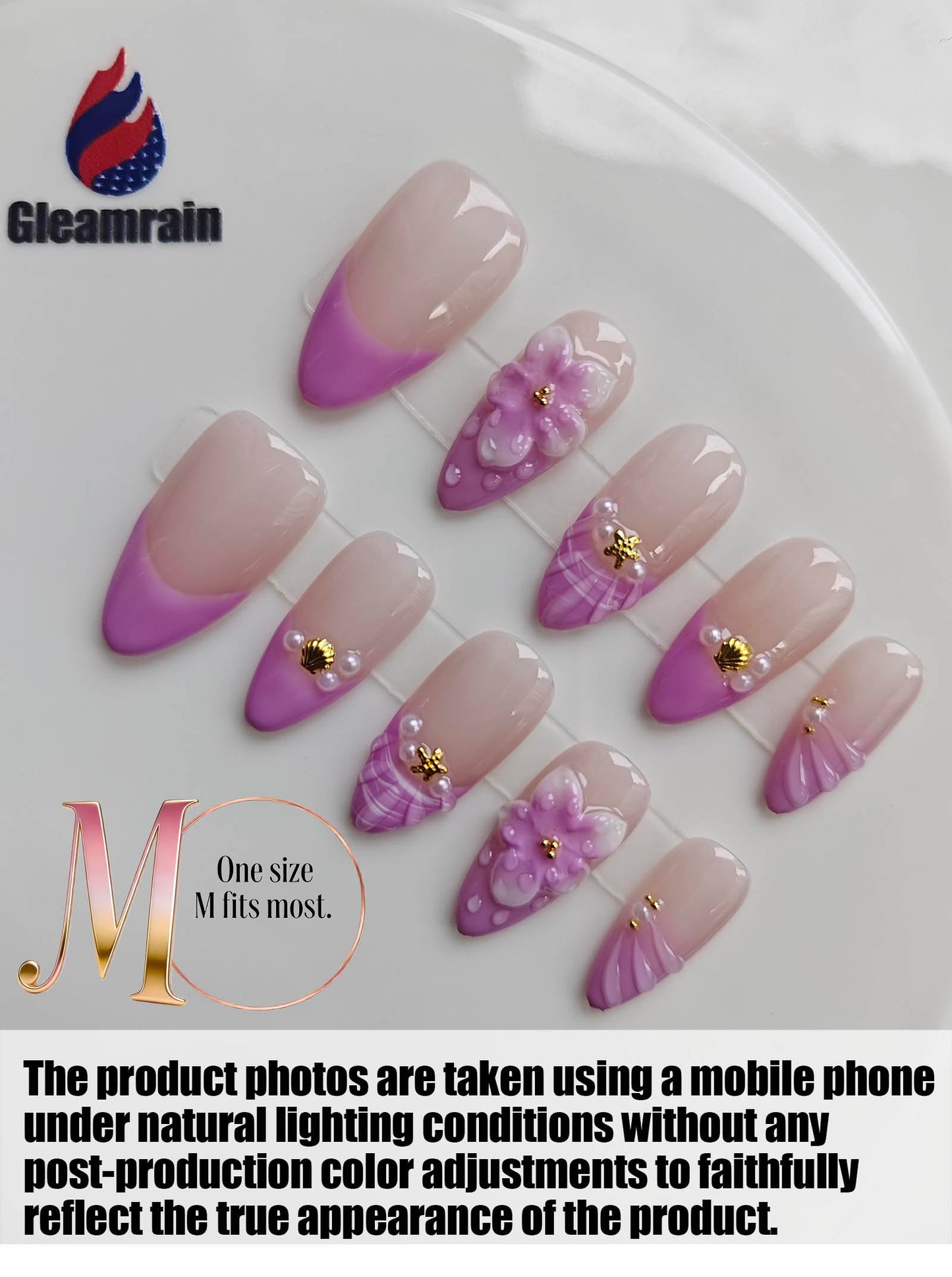 Gleamrain Purple French Tip Press on Nails Handmade Almond Medium Handcraft Press on Artificial Nails for Women, Floral Design Reusable for Daily Wear Party Birthday D301