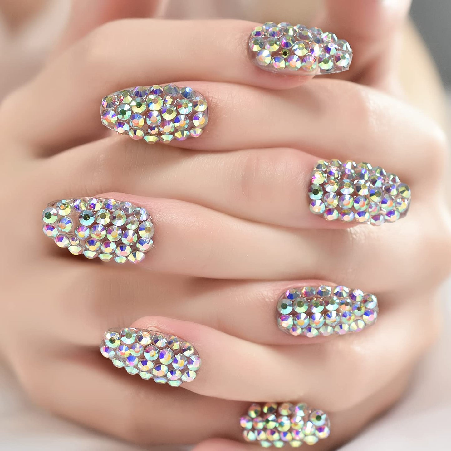 Elevenail Handmade 24pcs Full 3D Rhinestone Press on False Nails Medium length Coffin Fake Nails Salon DIY Manicure Reusable Acrylic Shiny Crystal Nail Art Tips Gift for Women Girls