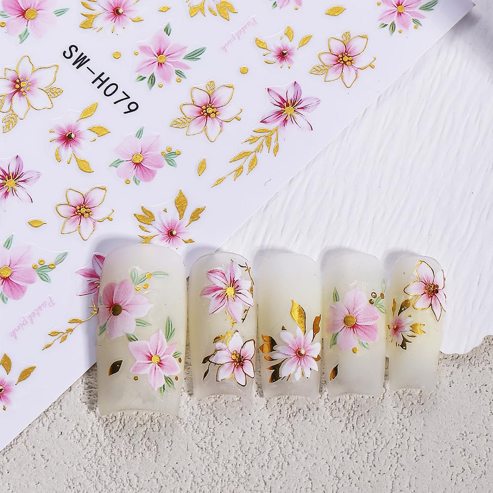 Cherry Blossoms Nail Art Sticker Decal 6Pcs 3D Elegant Self-Adhesive Nail Stickers Gold Leaves Nail Decal Pink Floral Nail Supply Spring Summer Flower Nails Design for Women Manicure DIY Decoration