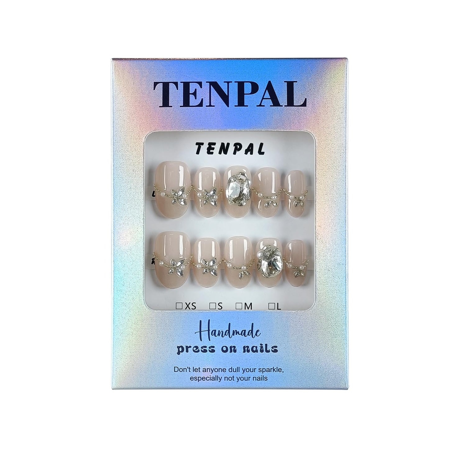 TENPAL Oval Nude Press On Nails 10Pcs with Tools Kit,Handmade Pearl Chain Floral Cluster Glue on Nails, Oval Short Glitter Cat Eye French False Nails,Reusable Glossy Fake Nails for Wedding Daily(XS)