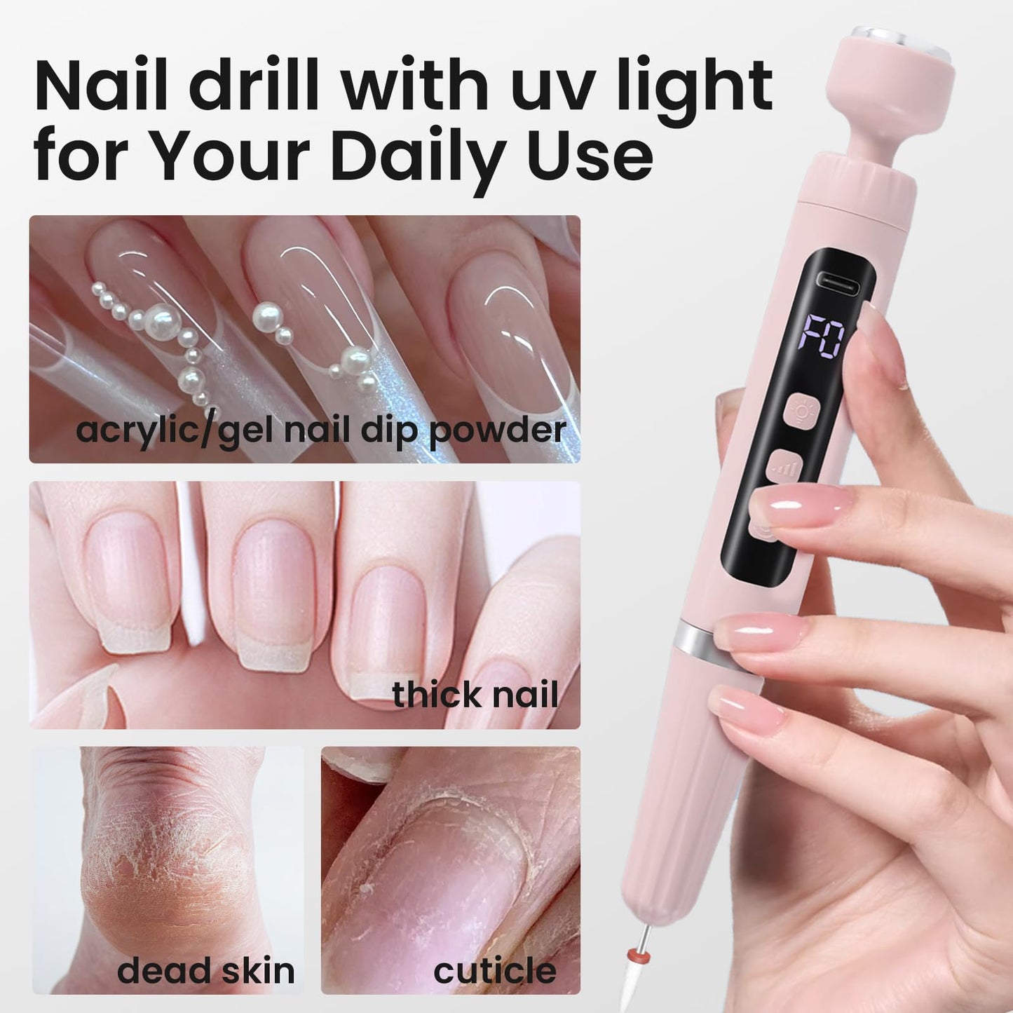 ESUOHYM Cordless Nail Drill Electric Nail File with UV Light,Portable Professional Rechargeable Electric Nail Grinder Machine for Thick Nails,Acrylic Gel Nails & Natural Nails,for Home & Travel