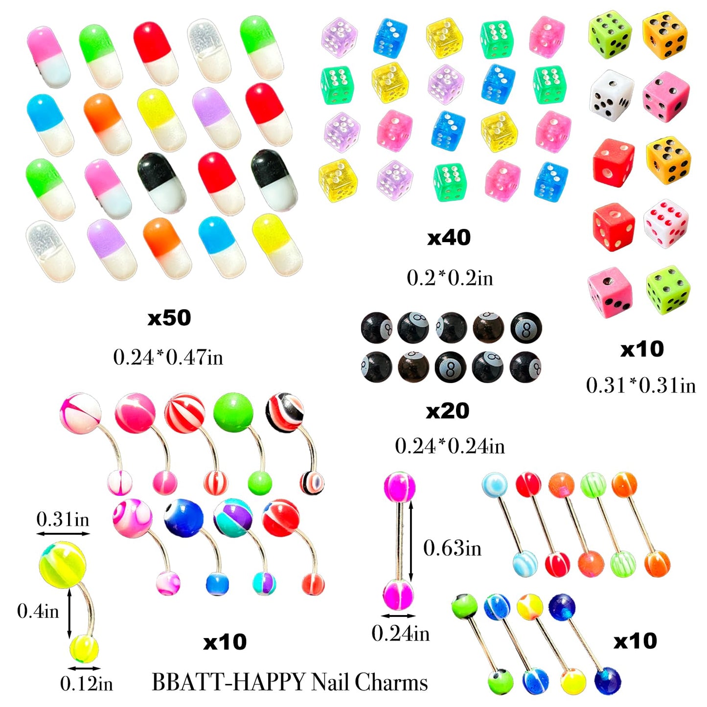 BBATT-HAPPY 240PCS Nail Charms for Acrylic Nails，Junk Nail Theme Eye Pill Puncture Dice Billiards Silver Half Round Pearl Nail Decorations ，Nail Accessories for Nail Art Supplies Manicure DIY