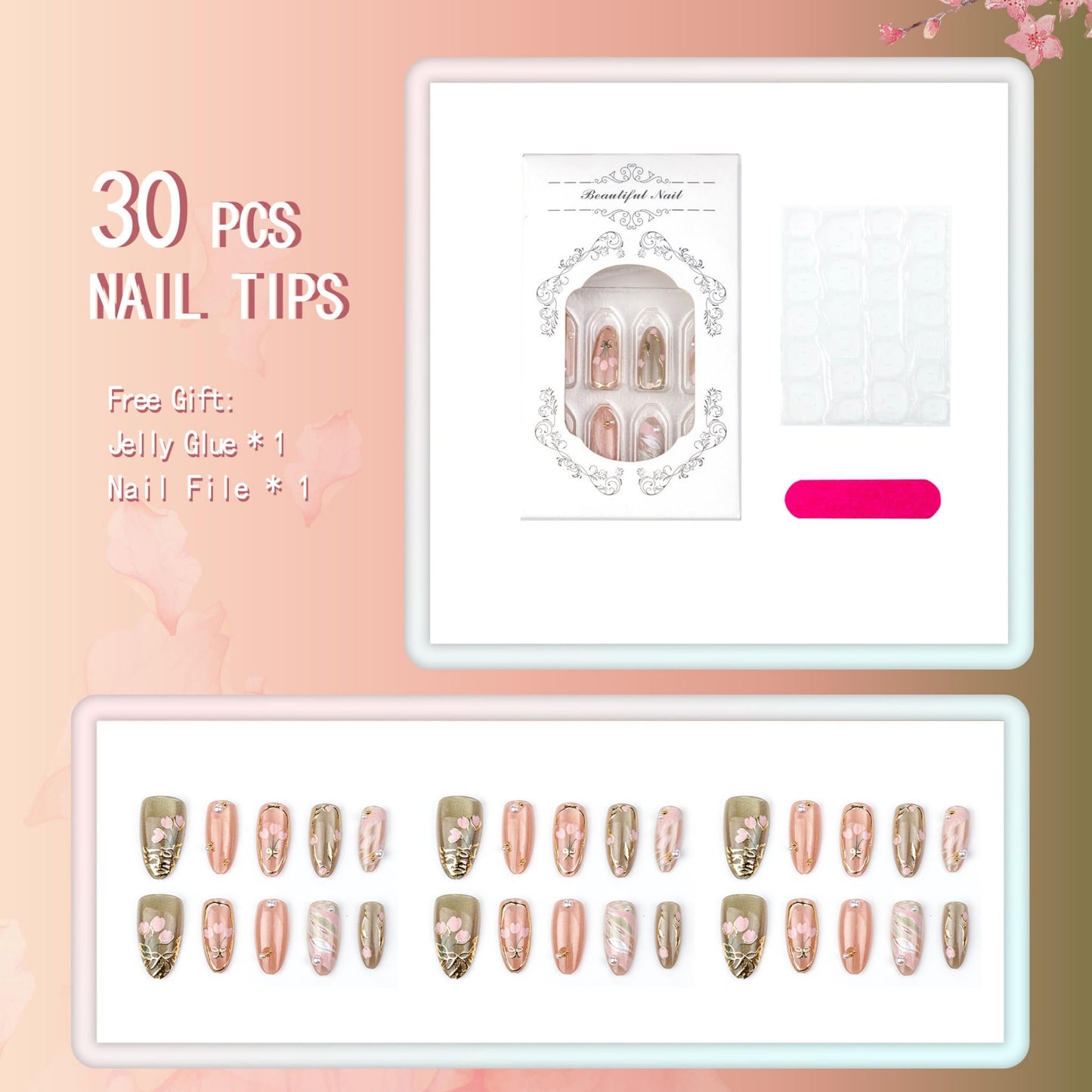Medium Press on Nails Almond Fake Nails Pink Acrylic Nail Press Ons Seeneey Gold Charm Designs Floral Stick on Nail for Women 27pcs