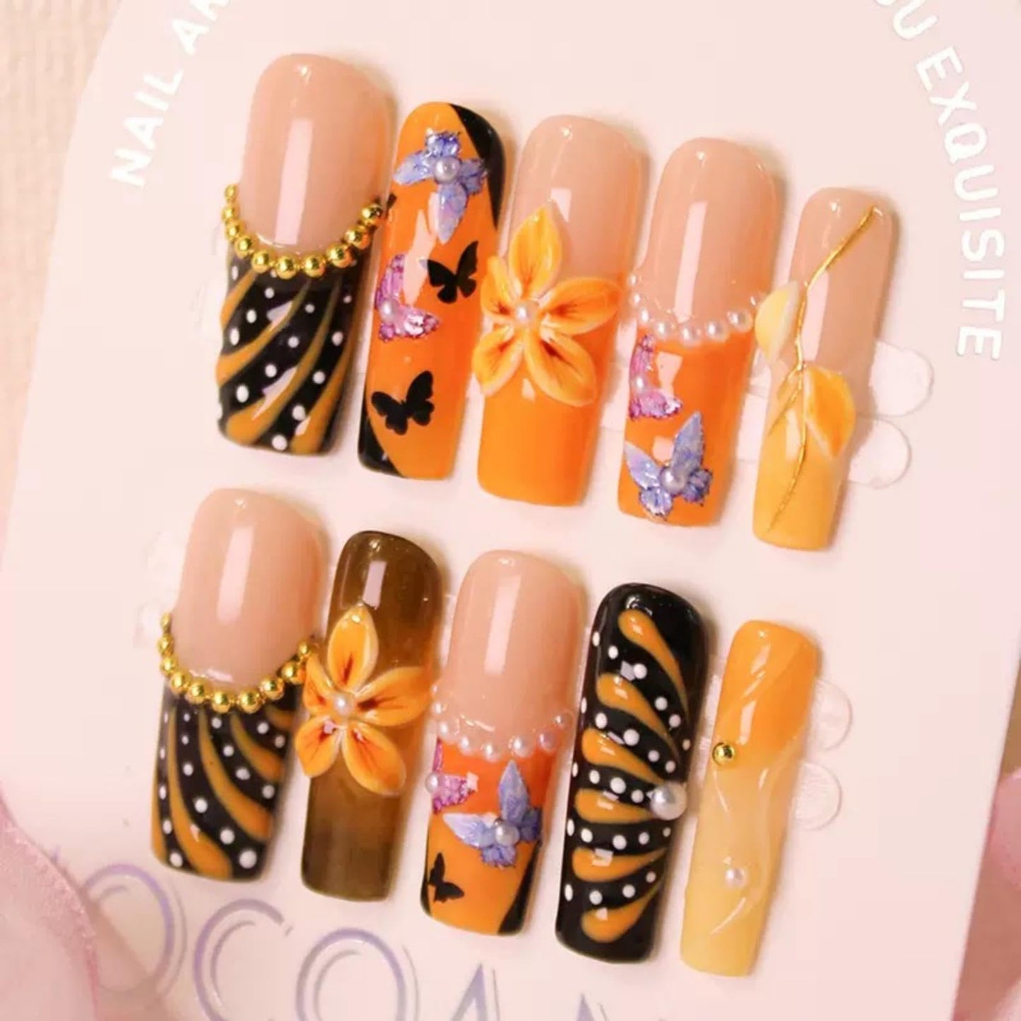 100% 5D Handmade Press on Nails with Charms Long Square Nails Press ons- French Tips False Nails Brown Flower Butterfly Pearl Charms Press on Nails for Women Girls Daily Wear DIY Manicure Size M
