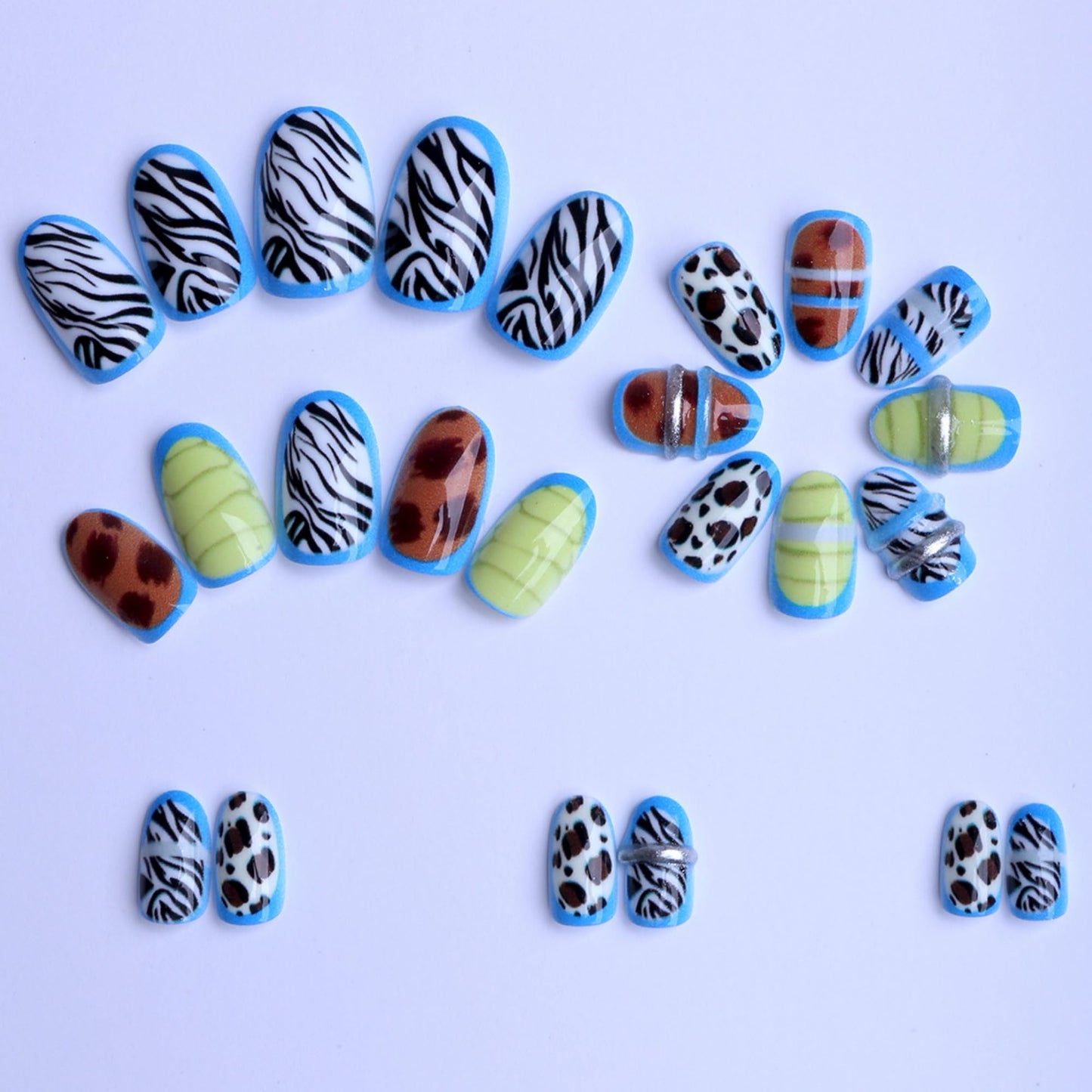 octoswave Oval Press on Nails Medium Length, 3D Animal Print Acrylic False Nails with Blue Borders, Fake Nails for Women Girls Party Travel, 24 Pcs