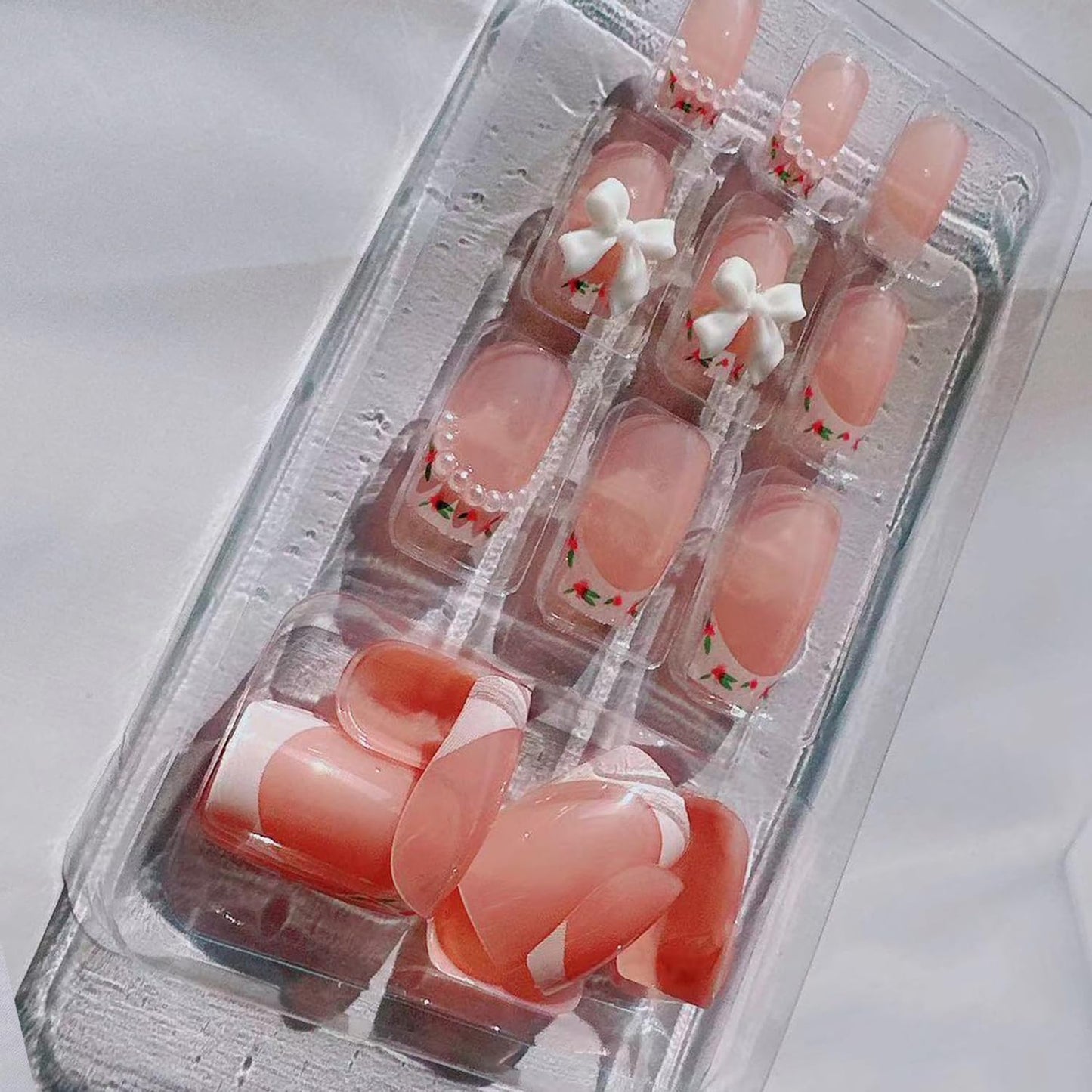 Floral French Press on Nails Cute Pink False Nails with Bow Pearl Design French Nails Press ons Cute Bow Nail Tips Stick on Nails Long Square Shape Artificial Nails Acrylic Finger Manicure for Women