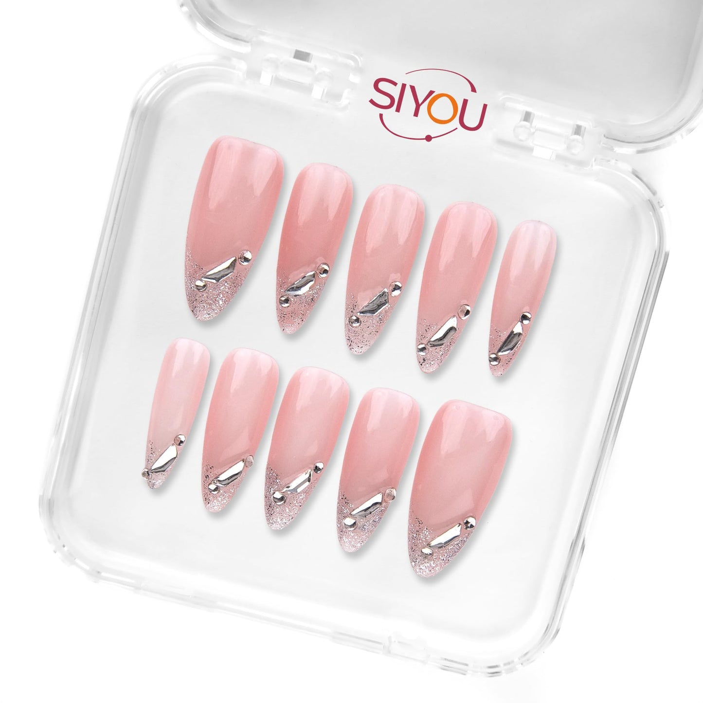 SIYOU Beauty | Luxy Peach Bloom | Pink Floral Luxury Long Almond Press On Nails for Women (Medium) - Reusable, Salon-Quality Fake Nails (10pc)