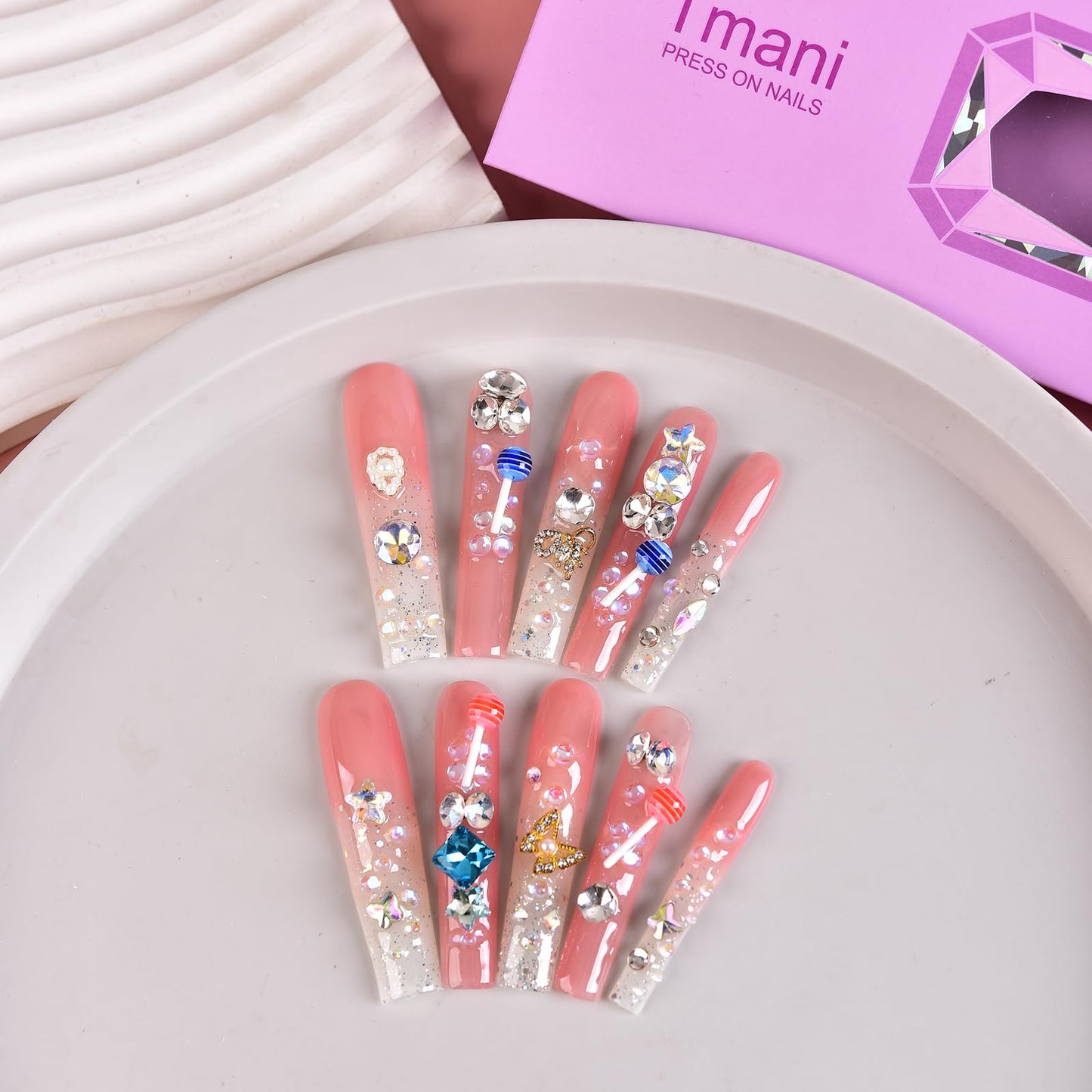 Tmani 10pc/set Extra Long Handmade Press On Nail Hot Girl's Long Ballet Nails Square Nail Full of Diamond Glitter Decoration Fake Nails Suitable For Girls Festival Parties and Birthday Gift (275,M)