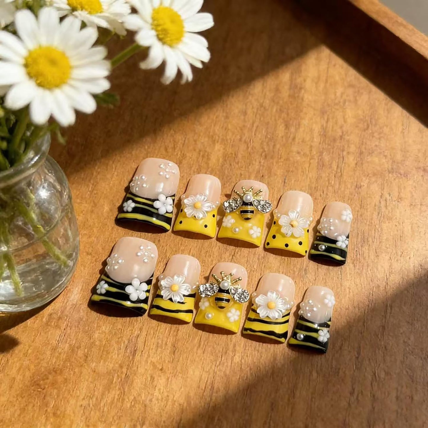 Handmade Duck Press on Nails Acrylic Fake Nails with 3D Luxury Little Bee and Flower Designs Flower Stick on Nails Full Cover Thickened False Nails for Women Nail Art DIY（S)