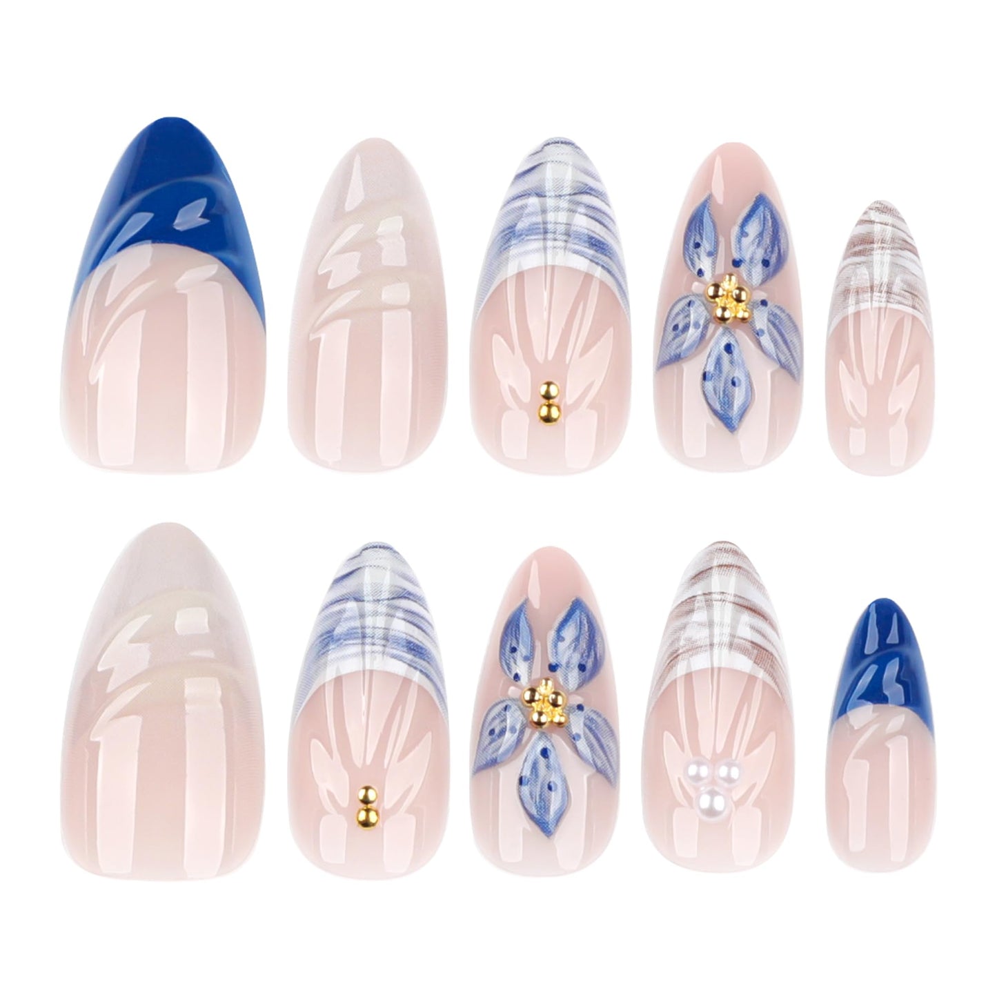 Short Press On Nails Almond, 24PCS Blue and White Floral Acrylic Fake Nails with Glue Kit, Glossy Plaid and 3D Flower Stick On Nails for Women, Reusable False Nails for Party, Wedding, Daily Wear