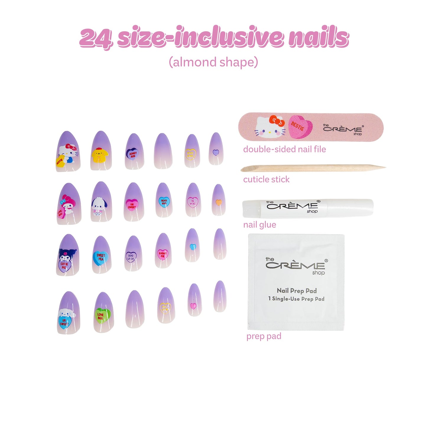The Crème Shop x Hello Kitty & Friends x Sweethearts Collection Press On Nails, Almond Shape, 28 Nails Kit with Glue and Tools (Bestie)
