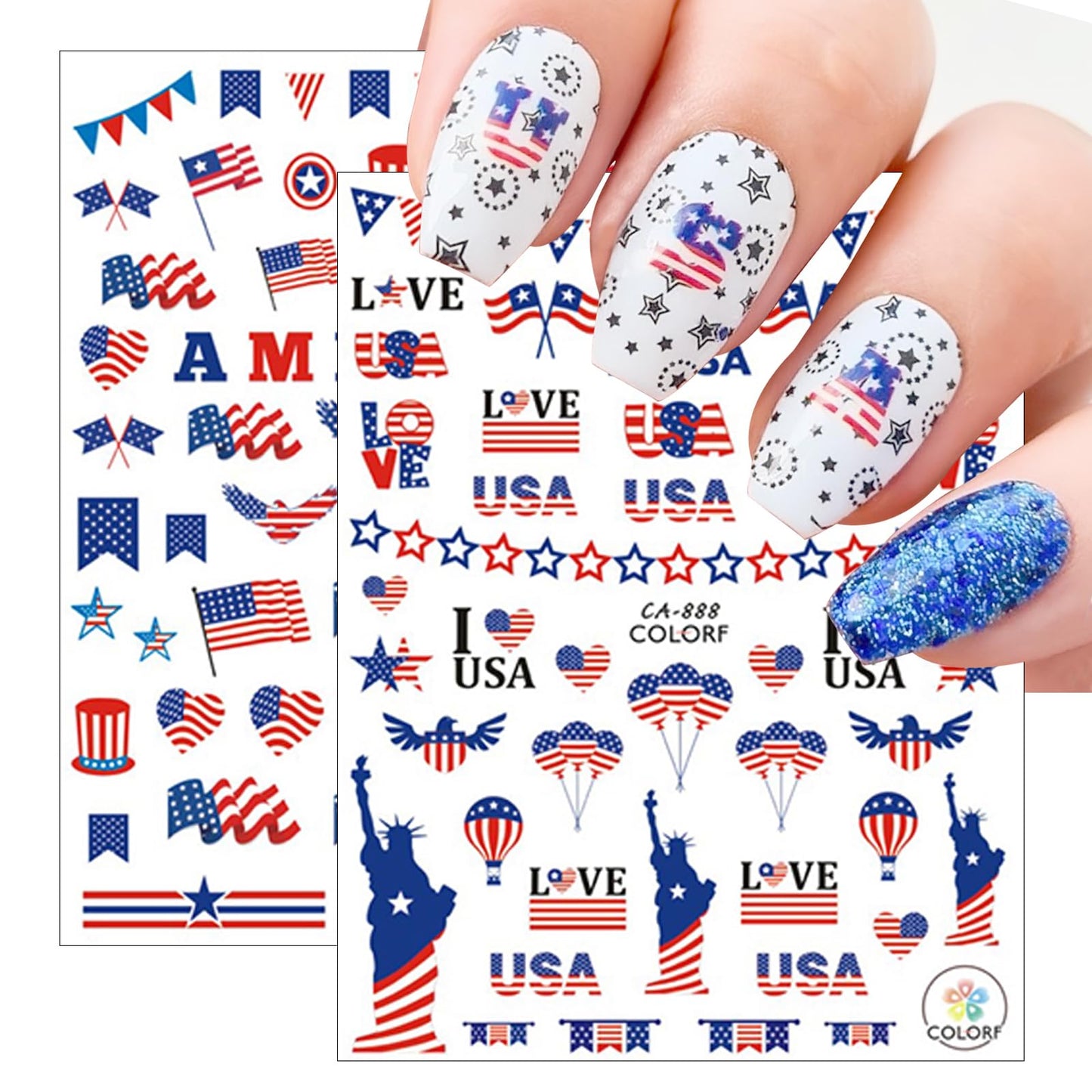 8Sheets 4th of July Nail Art Stickers American Flag Patriotic Nail Decals,3D Self-Adhesive Independence Day Nail Stickers Stars Stripes Eagle Nail Design Memorial Day Nail Supplies for girl Nail Decor