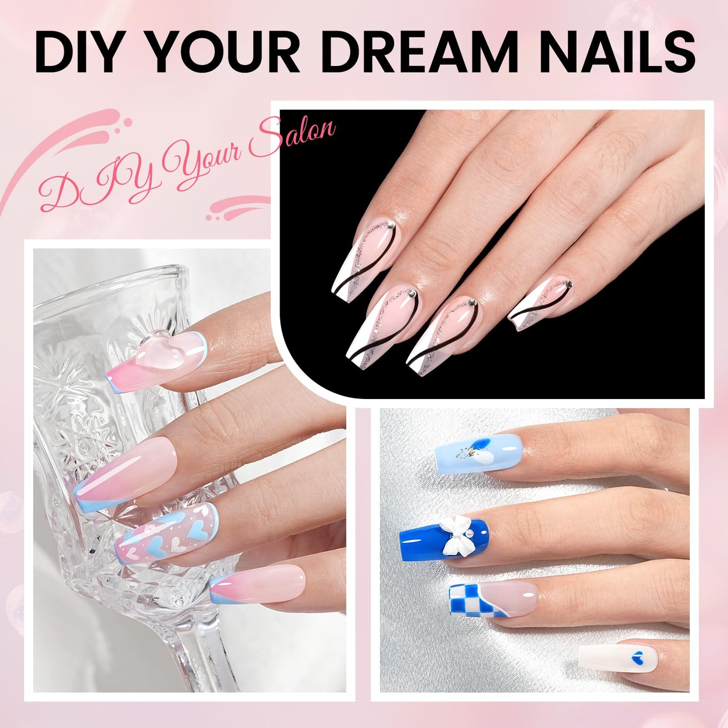 AILLSA Gel Nail Tips Kit Medium Coffin Nail Tips 224pcs, Upgrade Nail Glue Gel 30g for False Nail Tips, Gel Nail Kit with U V Lamp for Women Starters