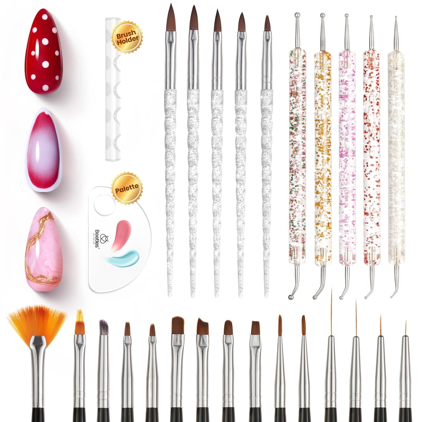 Beetles Nail Art Brushes 25pcs - Confetti Pens Daul Ended Dotting Tools & Gel Polish Nail Art Brushes, 6 Pcs Fingernail Design Pens, Wood Alloy Handle