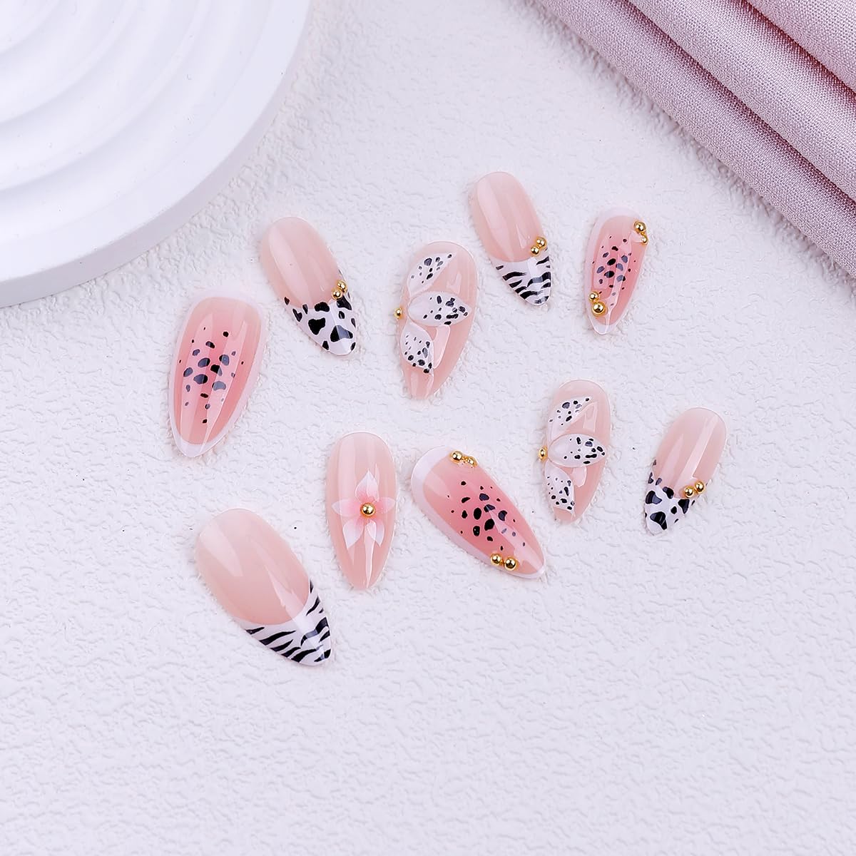 Leopard Press on Nails Medium Almond Nails Press on with 5D Flower & Gold Charm Design Glossy Nude Fake Nails French Tips Glue on Nail Reusable Fall Summer Nail for Women Manicure 24Pcs