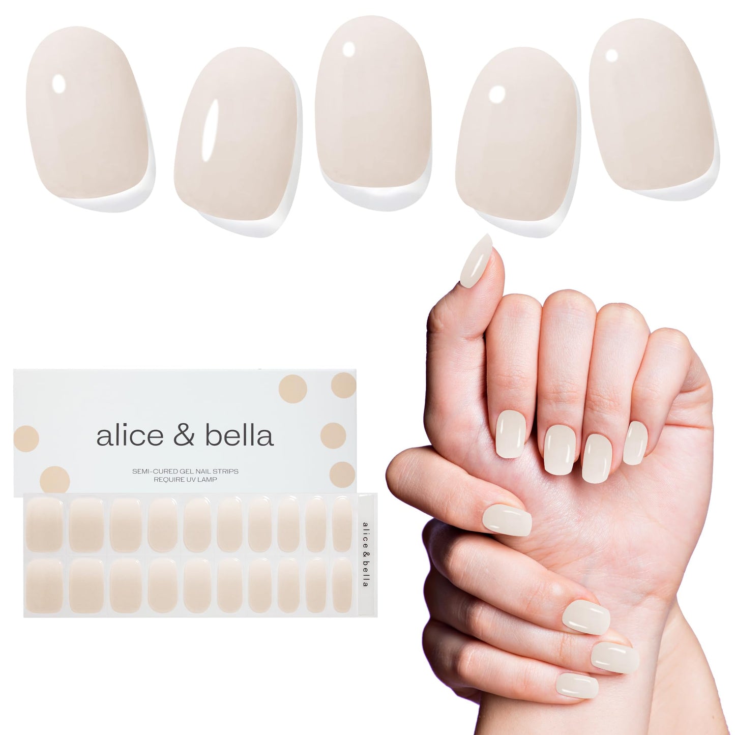 ALICE & BELLA Semi Cured Gel Nail Strips-20 PCS Pure Milky White Nail Strengthening Gel Stickers, Use with UV Light Lamp, Salon Quality Manicure Wraps (Milky White)