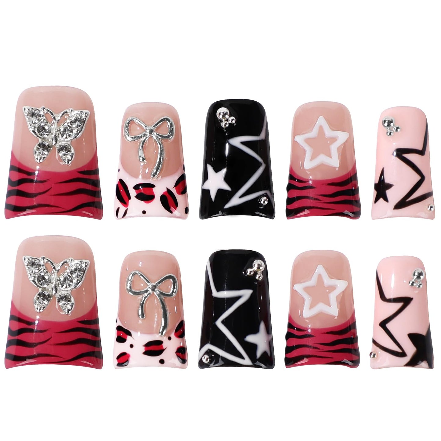 Buleens Handmade Press on Nails Acrylic Duck Nails-10pcs Short Edgy Y2K Pink Butterfly Star 3D Fake Nails Kits with Glue