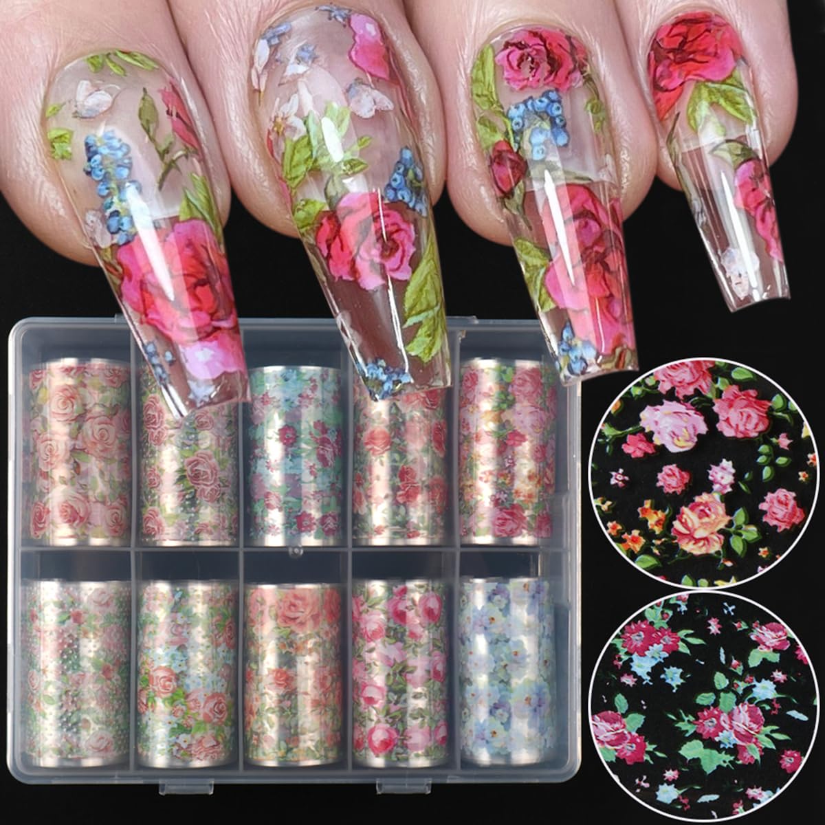 Flower Nail Art Foil Transfer Stickers Spring Flowers Nails Foils Transfer Decals Flower Nail Decals Nail Art Supplies Starry Sky Paper Nail Adhesive Transfer Slider for Women Manicure Nail Decoration