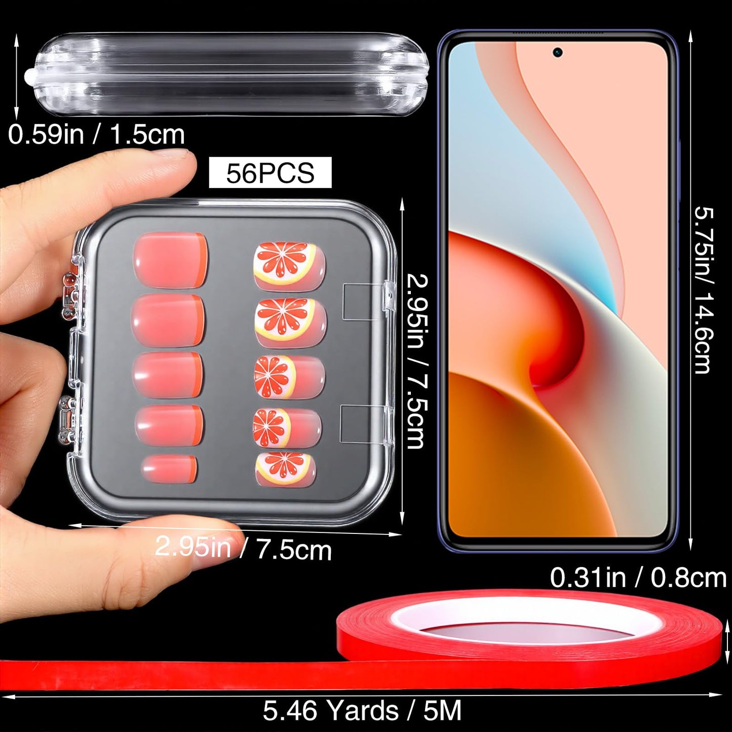 56Pcs Press On Nail Packaging Box Set with 10M Adhesive Tape Clear Acrylic Nail Case Display Organizer for Storage and Nail Art Business Salon Supplies