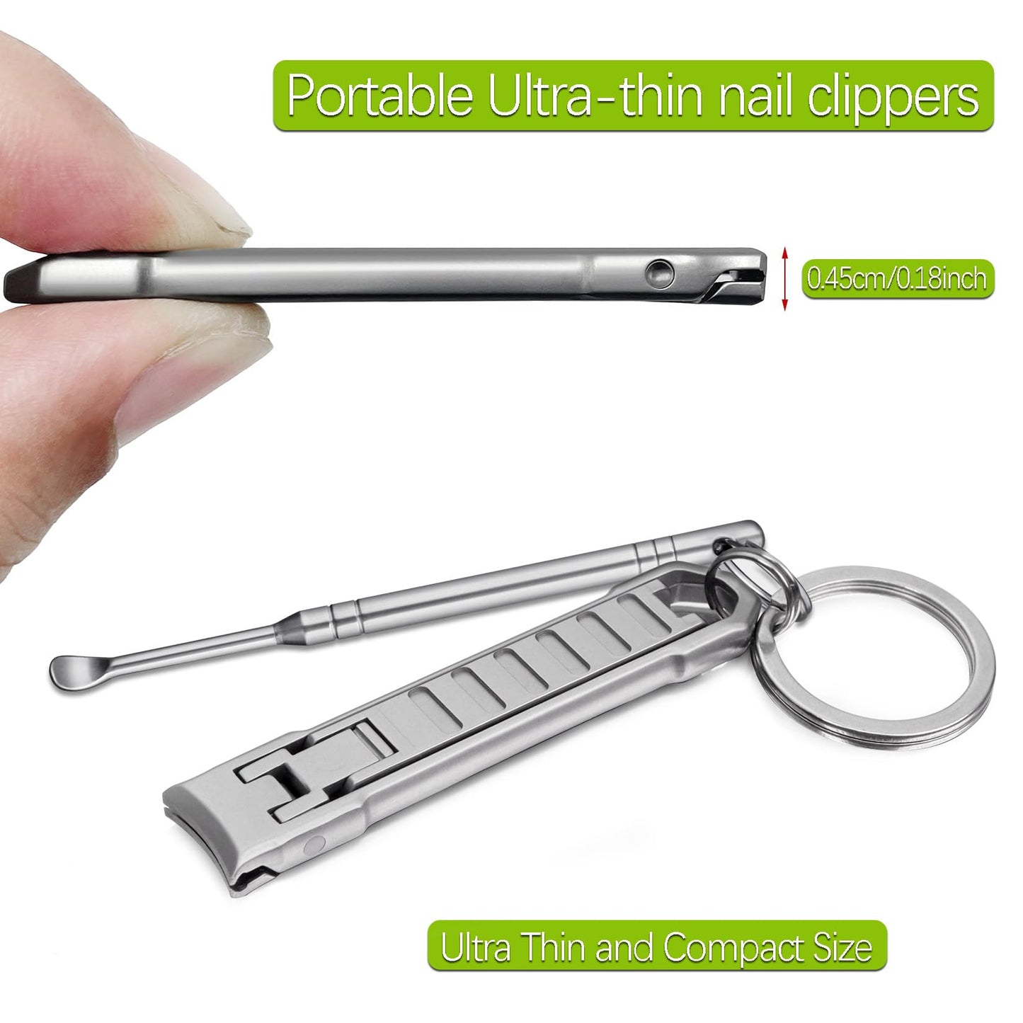 VOGARB Portable Nail Clippers for Natural Fingernail and Toenails, UItra Thin Stainless Steel Sharp Wide Jaw Folding Travel Finger Nail Cutter with Keychain and Earpick for Men, Women, Adults