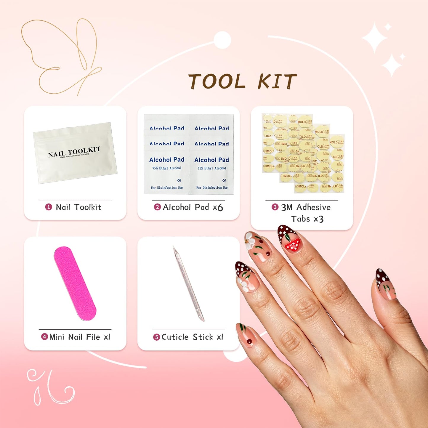 Vanpaga Red Handmade Press on Nails, Red Polka Dot Nail Tips with Mushroom& Floral Design, Almond Shape Acrylic Nails Kit, Reusable Professional Nail Art for Women & Girls(M)