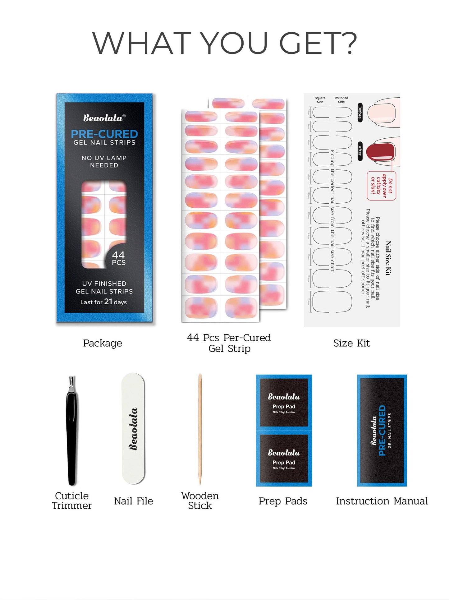 Beaolata Real Gel Nail Strips (No UV Light Needed) - 44Pcs Salon Quality Nail Stickers - Long Lasting Polish Wraps for Women, Easy Apply & Remove (Shimmer Pink)