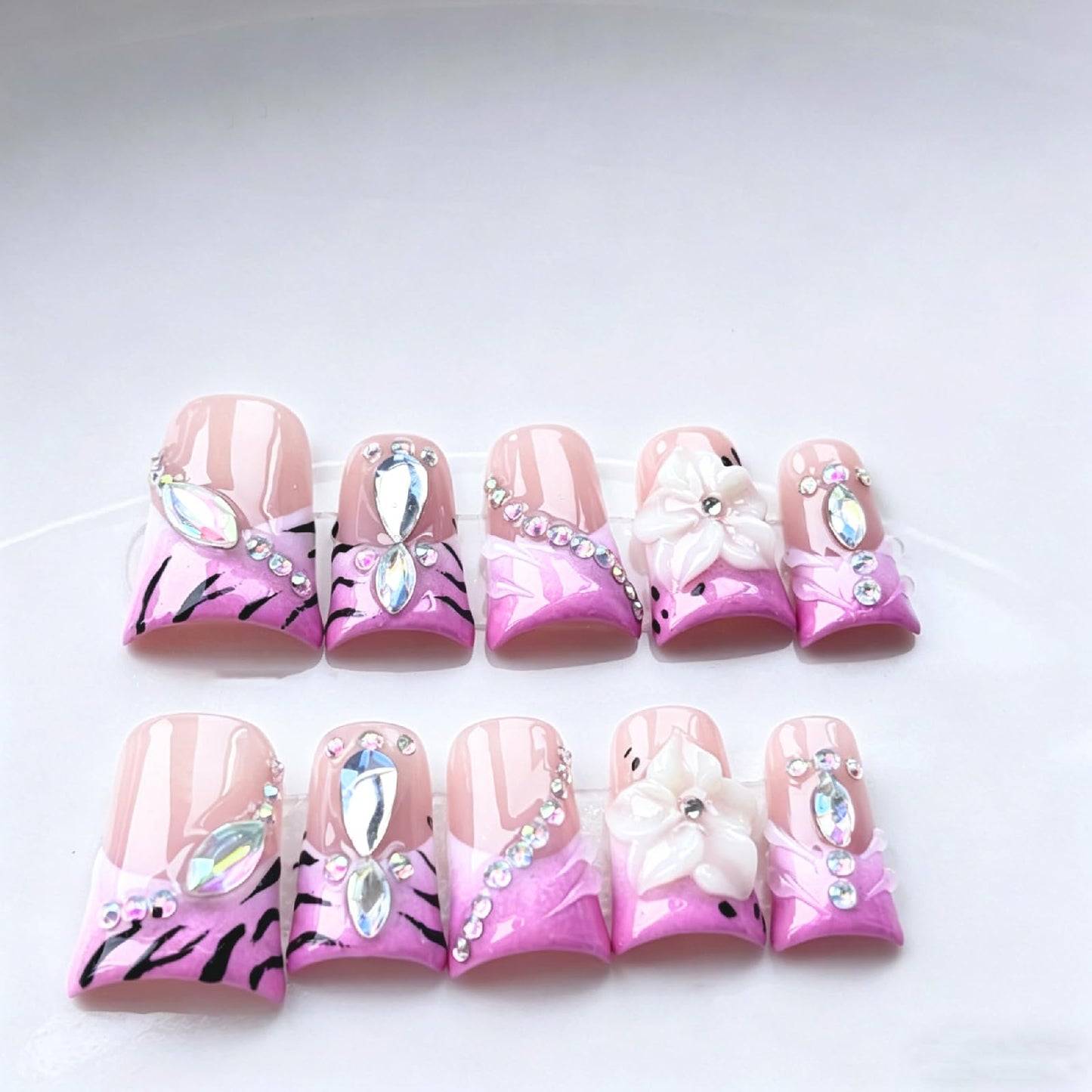 Threelegscat Handmade Short Duck Press on Nails -Pink Purple French Fake Nails With3d Flower& Rhinestone Acrylic Press on Nails for Women Daily& Party 10 PCS Size M
