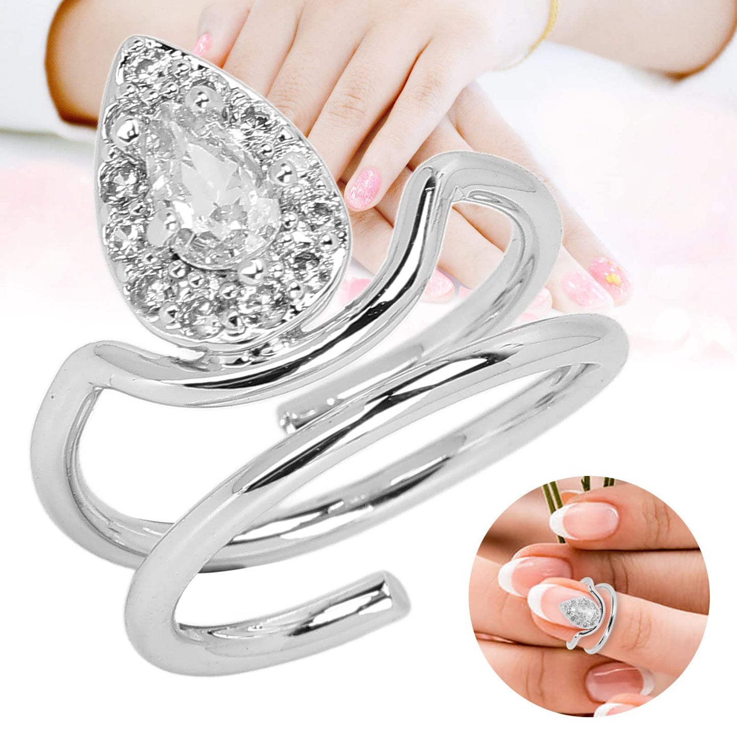 Rhinestone Nail Rings - Fingertip Jewelry for Nail Art Decoration - Valentine's Day Gift for Women (Platinum)
