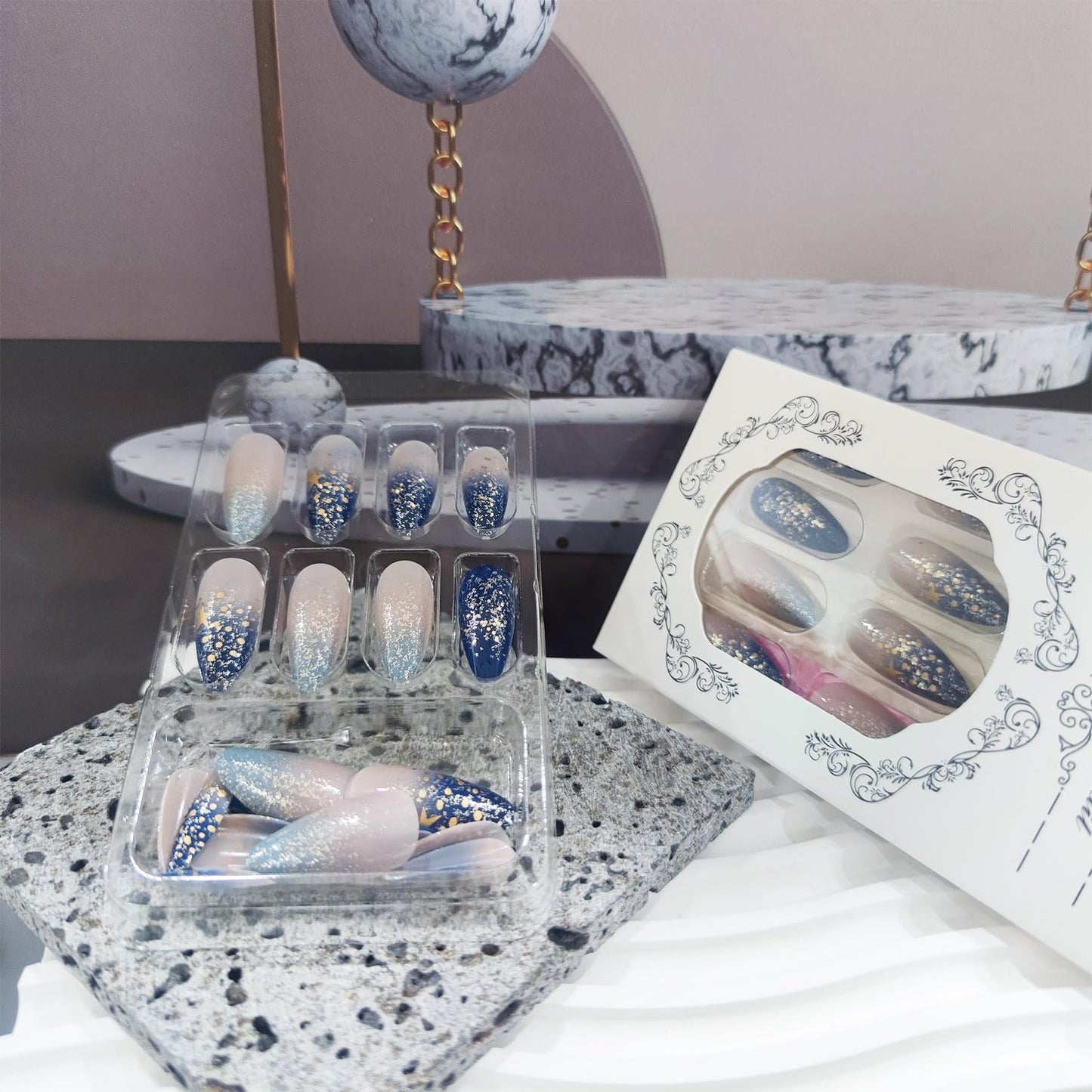 Starry Sky Medium Almond False Nail Gold Stars Press on Nails Glossy Blue Gradient Stick on Nail 24Pcs Silver Glitter Gel Glue on Fingernails Acrylic Full Cover Fake Nails for Holiday Manicure Art