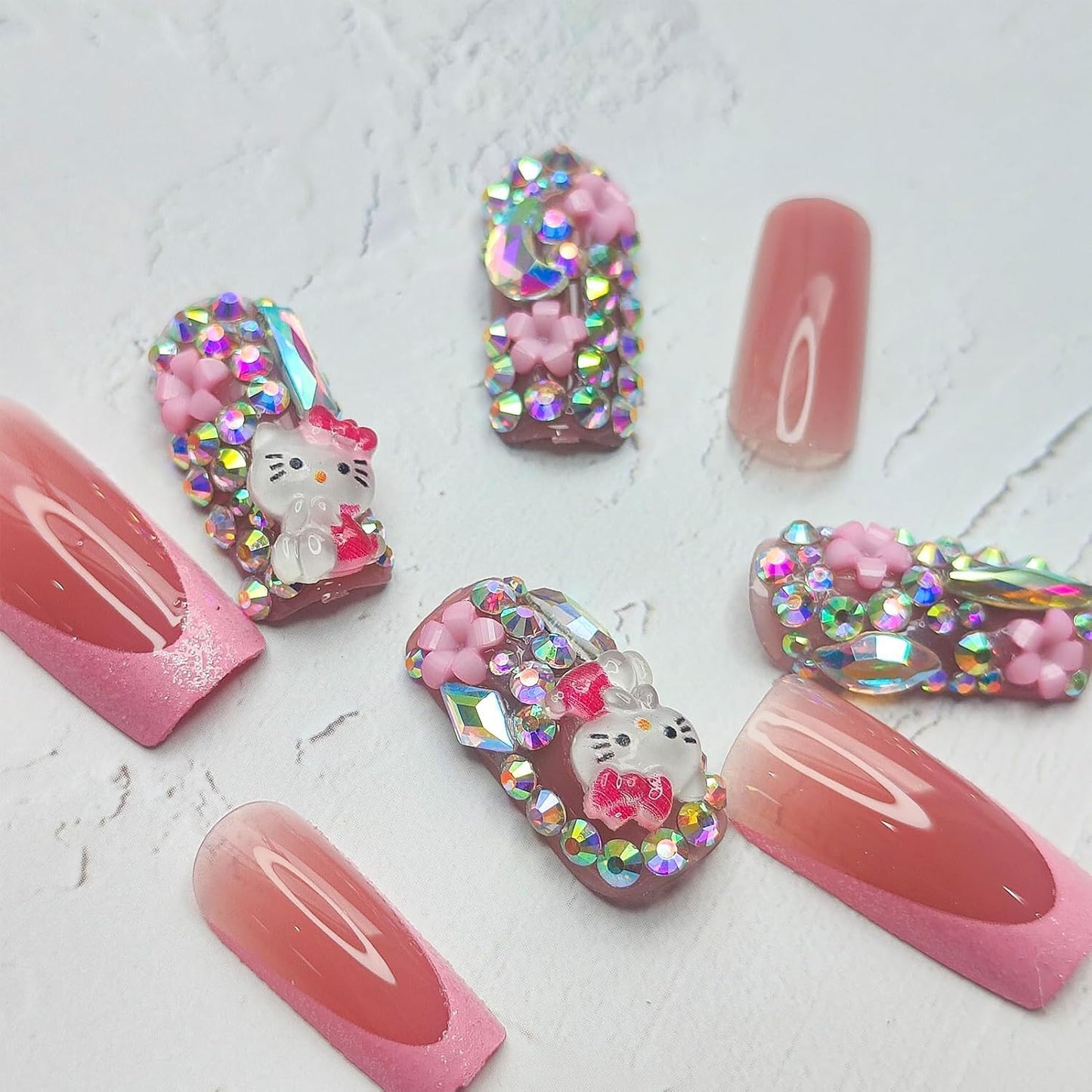 24Pcs Glitter Pink French Tip Press on Nails Medium Length Square Fake Nails with 3D Rhinestones Flower Cute Cat Full Cover Coffin False Nail with Charms Designs Acrylic Nail for Women