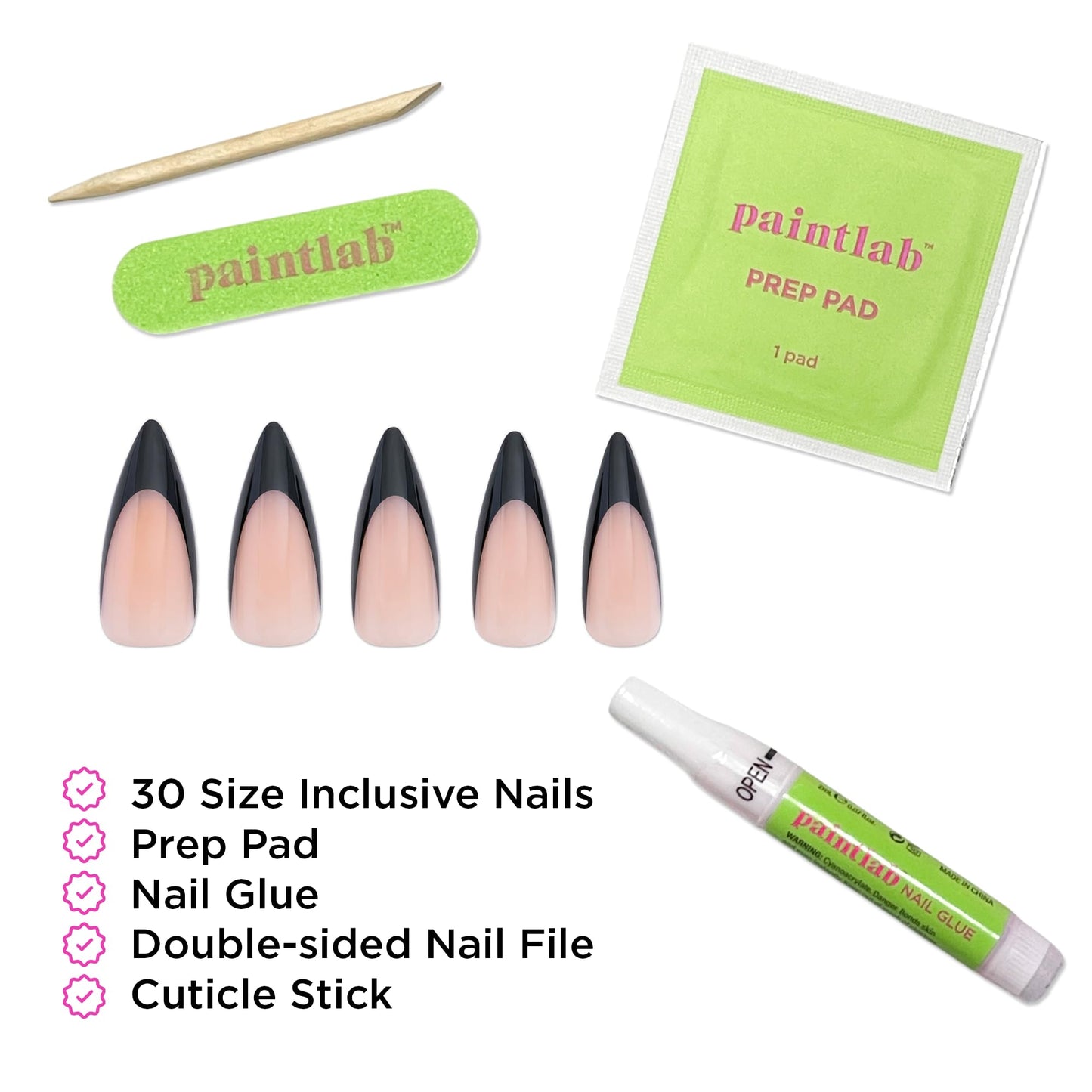 PaintLab Press-On Nails Manicure Kit, Black Stiletto, 30-Piece Set, Long-Lasting Fake Nails with Glue, File, Prep Pad & Cuticle Stick