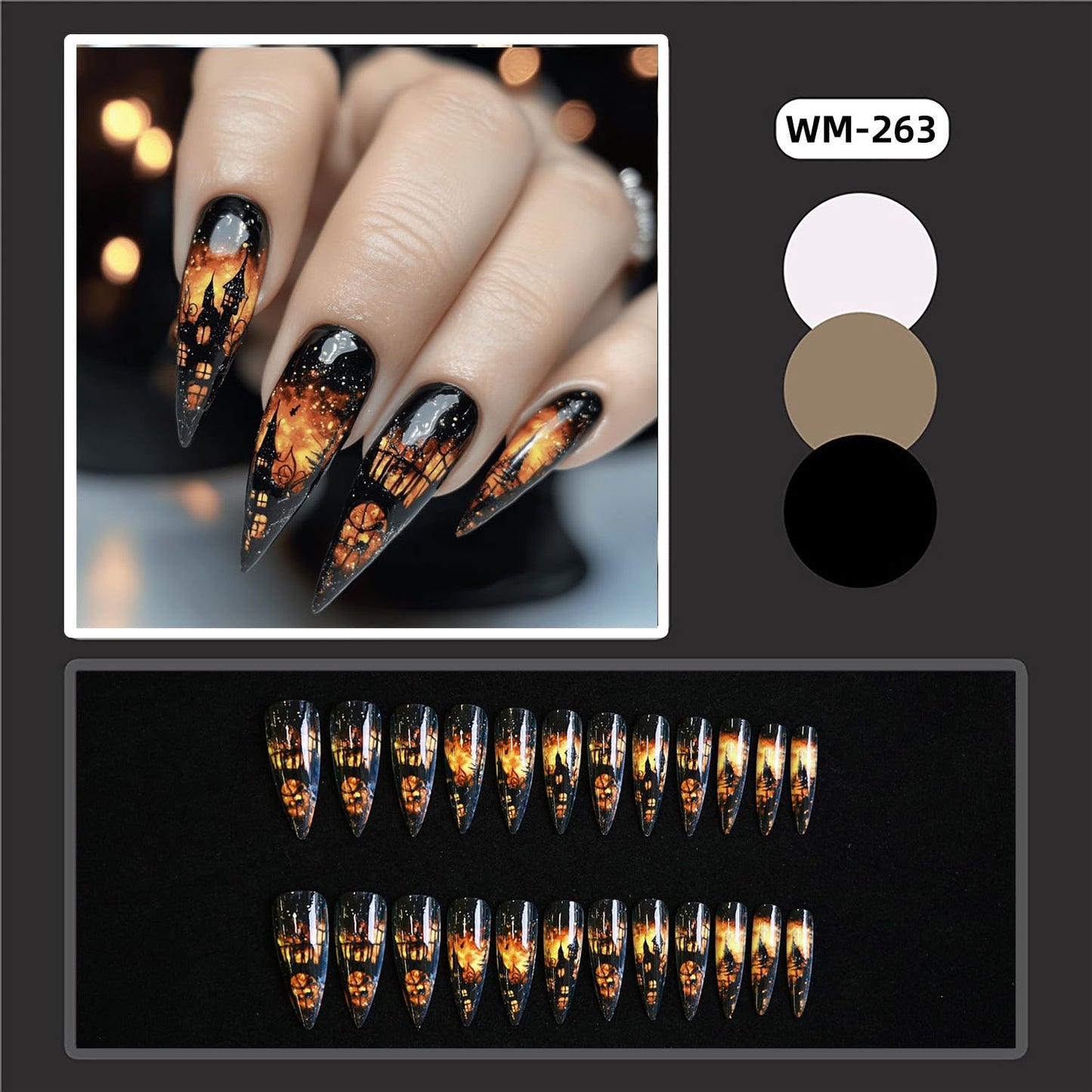 Almond Tip Halloween Press on Nails Long Length Flame Castle Pattern Design Halloween Nail Full Cover Glossy Artificial Acrylic False Nail Black French Tip Festival Stick on Nails for Women Supplies