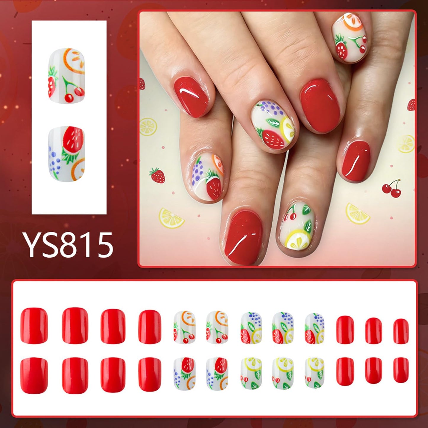 24 Pcs Short Square Press On Nails Red Fake Nails With Fruits Designs Summer False Nails Full Cover Cute Stick On Nail Glossy Reusable Acrylic Glue On Nail For Women Manicure Art