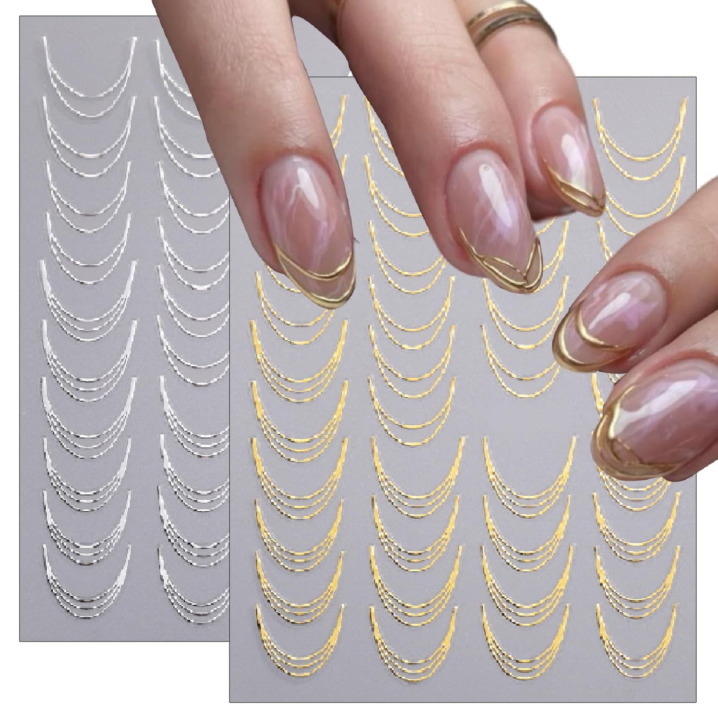 6 Sheets Lines French Tip Nail Art Stickers Gold Silver French Line Nail Decals 3D self-Adhesion Curve Lines Design French Nail Art Supplies for Women DIY Manicure Decoration