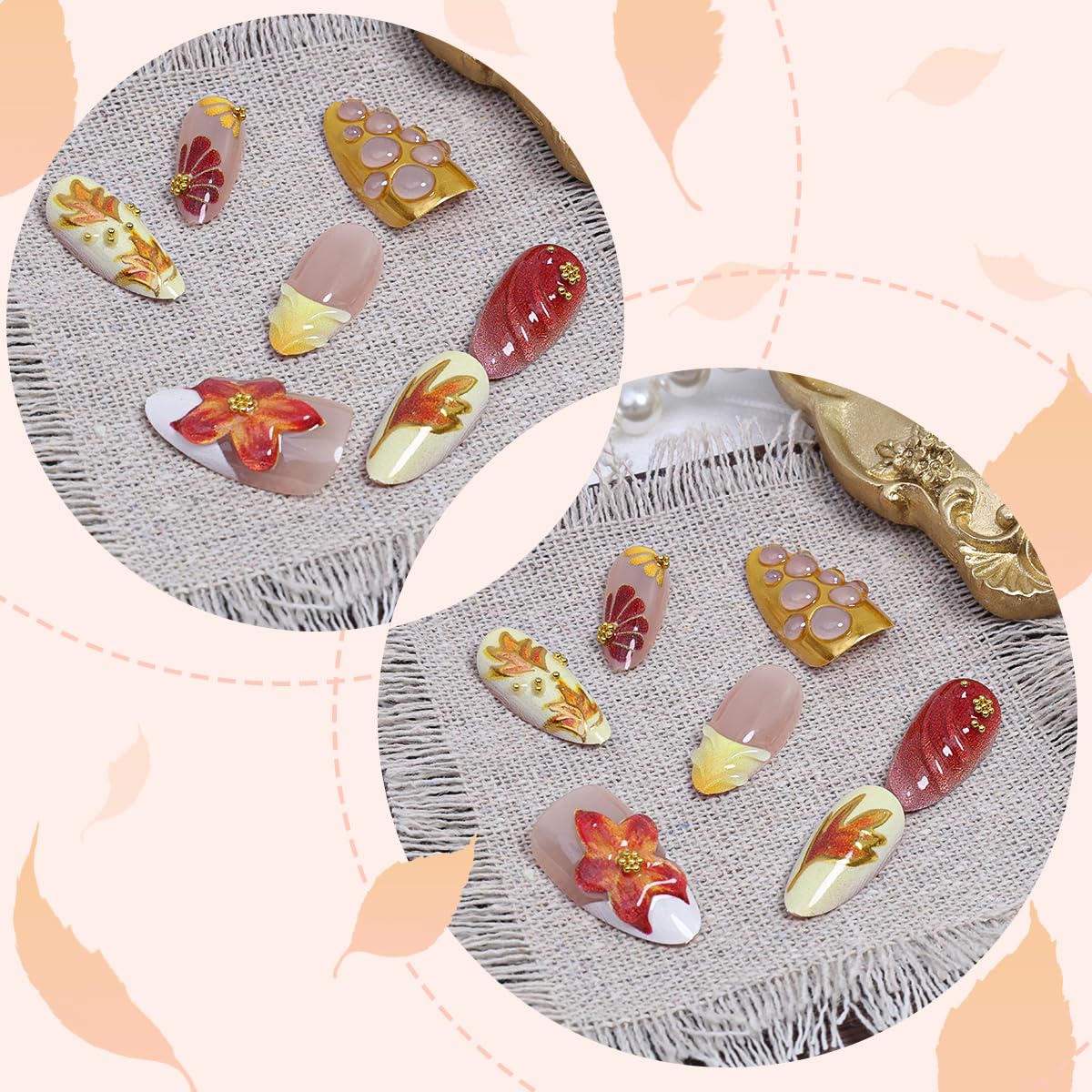 30Pcs 3D Fall Press on Nails Medium Almond Maple Leaf Fake Nails Handmade Acrylic Nails Autumn Flower Rhinestones Glue on Nail French Tip False Nails Thanksgiving Gold Leaves Artificial Nail Decor