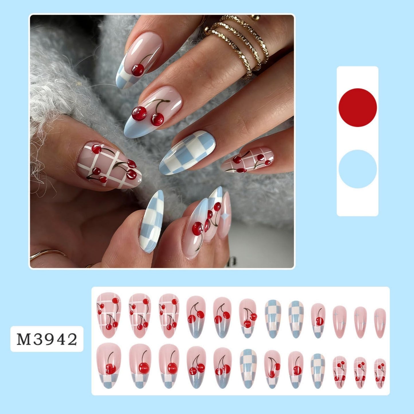 Medium Almond Press on Nails for Women,Cherry & Gingham Check Fake Nails Artificial Stick on Nails