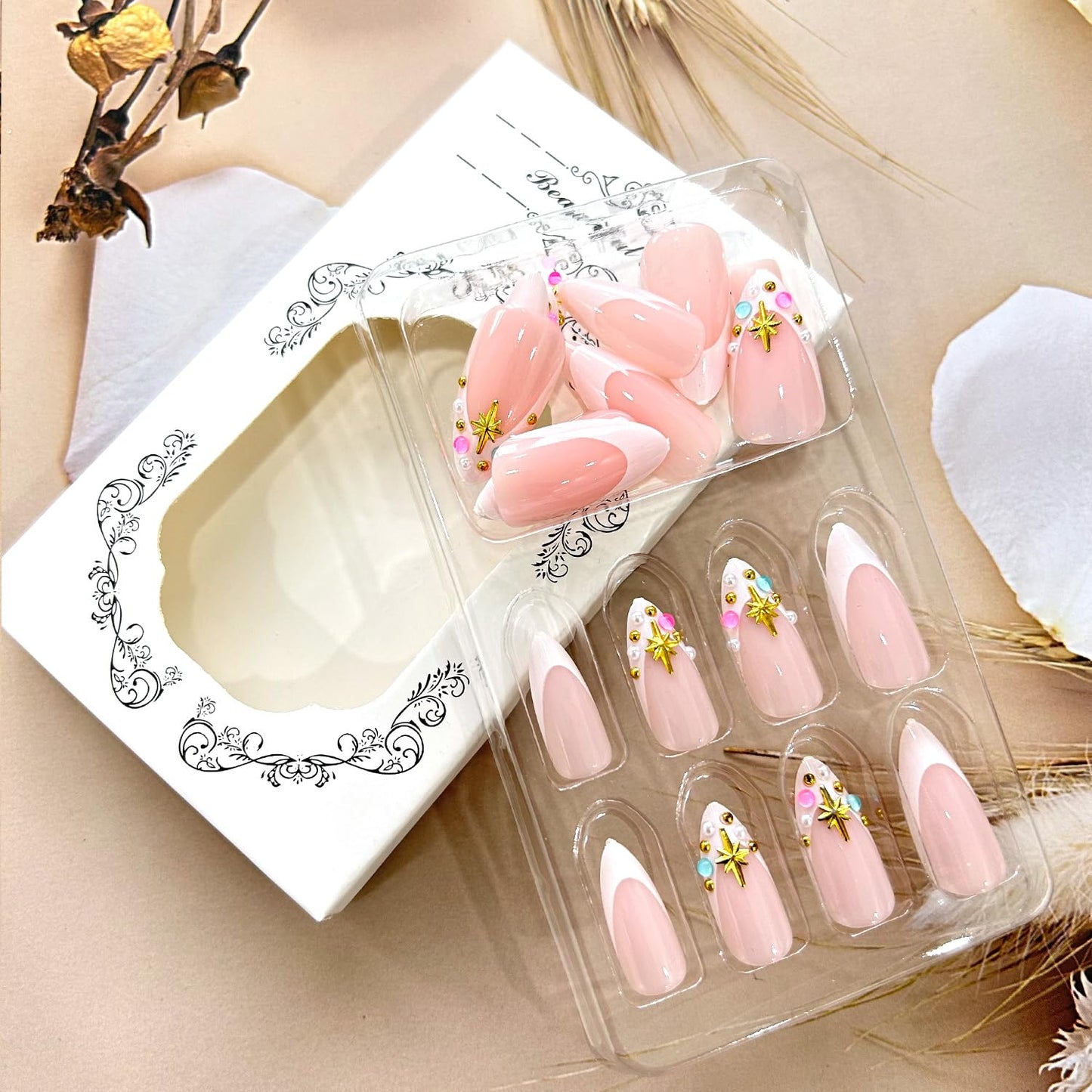 Rhinestones French Tip Press on Nails Medium Almond Shaped Colorful Diamond Design Full Cover Nude Almond Tip Press Ons False Nail Acrylic Artificial Fingernails Reusable Stick on Nails for Women