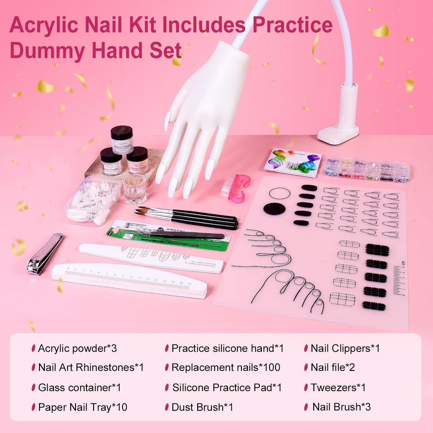 Practice Hand for Acrylic Nails, Acrylic Nail Training Mat , Manicure Trainng Hand Nail Kit for Beginners,Movable Nail Maniquin Hand with 50PCS Nail Tips,Acrylic powder, Brush and Clipper (White)