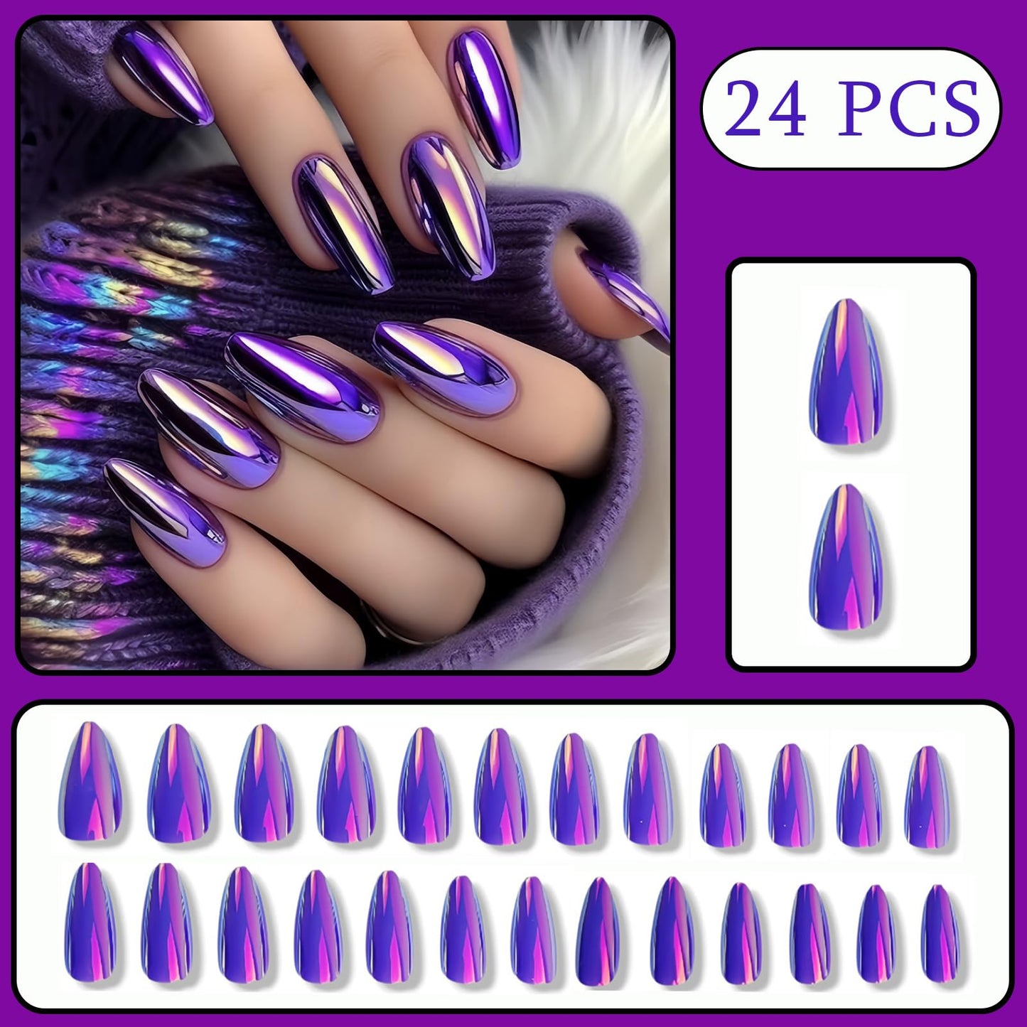 Purple Aurora Electroplating Chrome Press on Nails Medium Almond Fake Nails Purple Chrome False Nails Metal Mirror Acrylic Stick on for Women Girls Manicure Decoration 24Pcs
