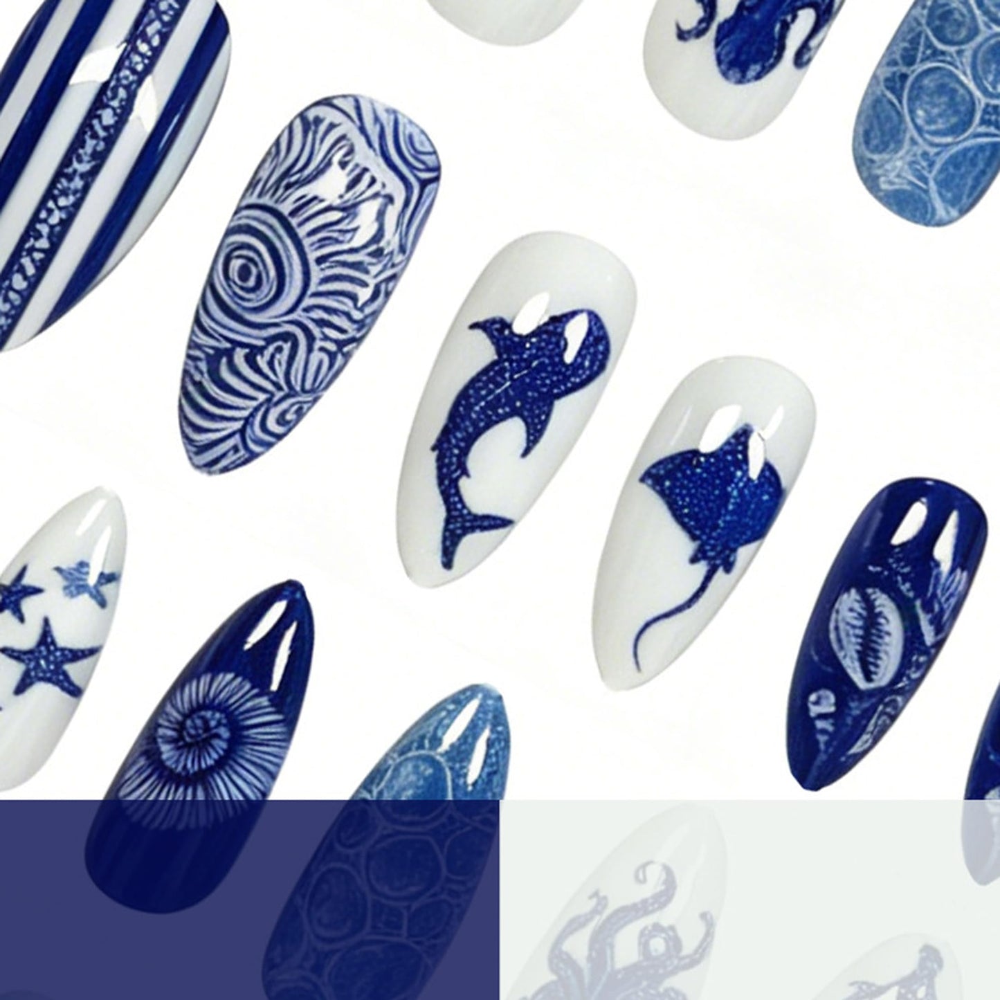 24Pcs Medium Almond Press On Nails, Blue Ocean Theme False Nails with Coral, Octopus, Starfish, Whale, Manta Ray & Shell Designs, Glossy White & Deep Blue Beach Full Cover Acrylic Nail Set for Women