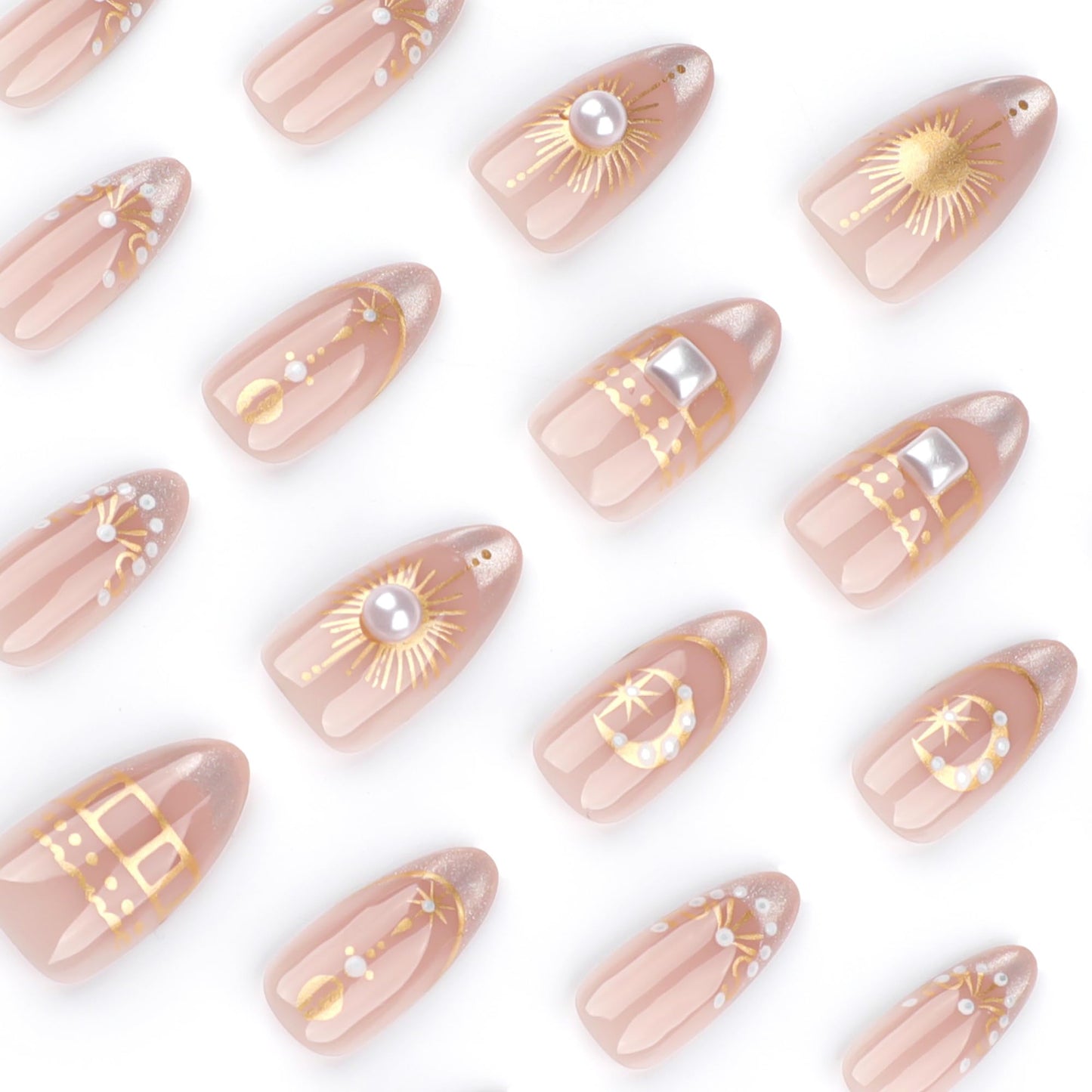 Stbisen French Nude Press On Nails Almond, Short Fake Nails with 3D Gold Moon and Star Design, Glitter French Tip and Pearl Accents, Glossy Reusable Glue On Nails Kit for Women, 24Pcs
